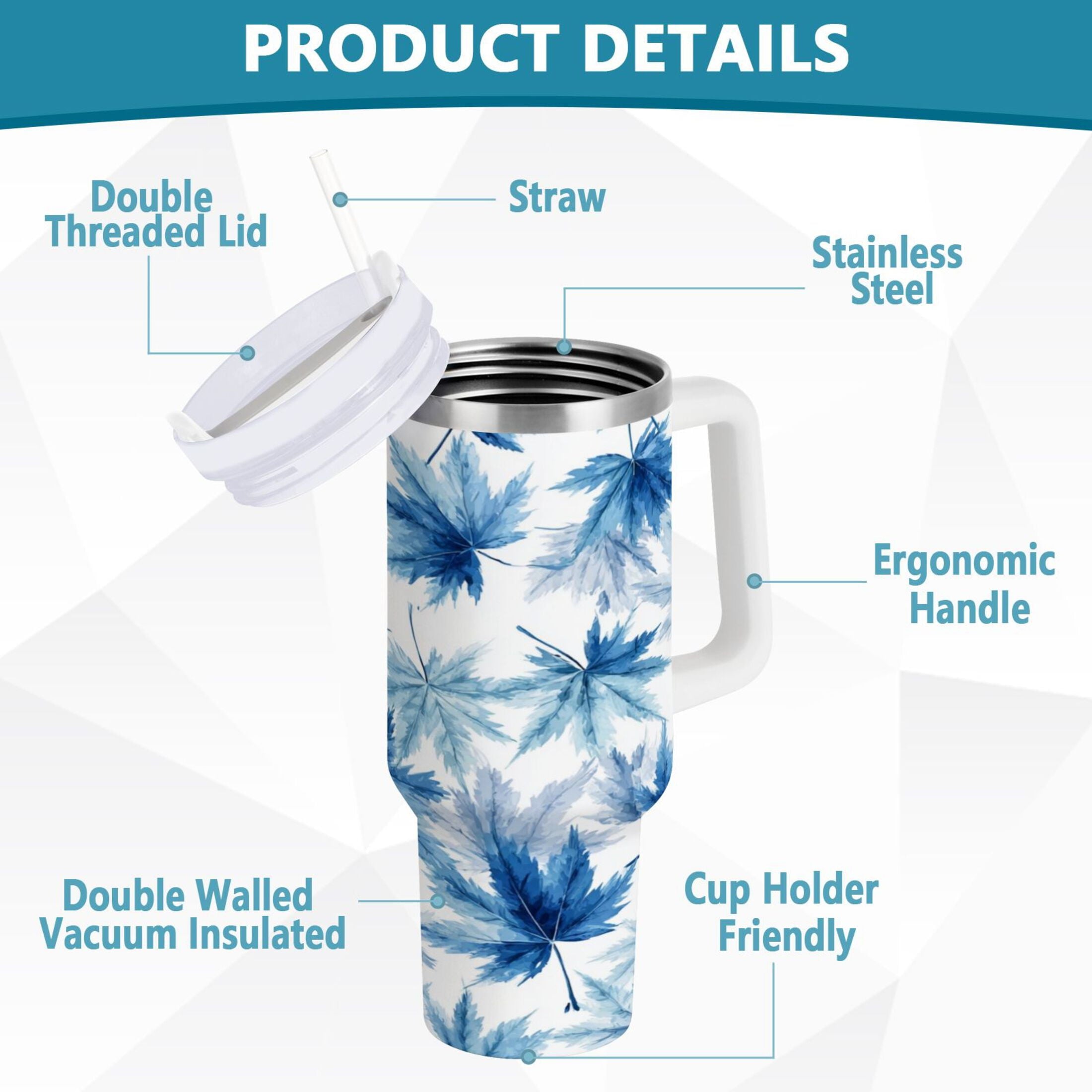 30 oz Insulated Stainless Steel Tumbler Double Wall Stainless Steel Tumbler with 2-Way Drinking Abstract Blue Maple Leaves | TZZM