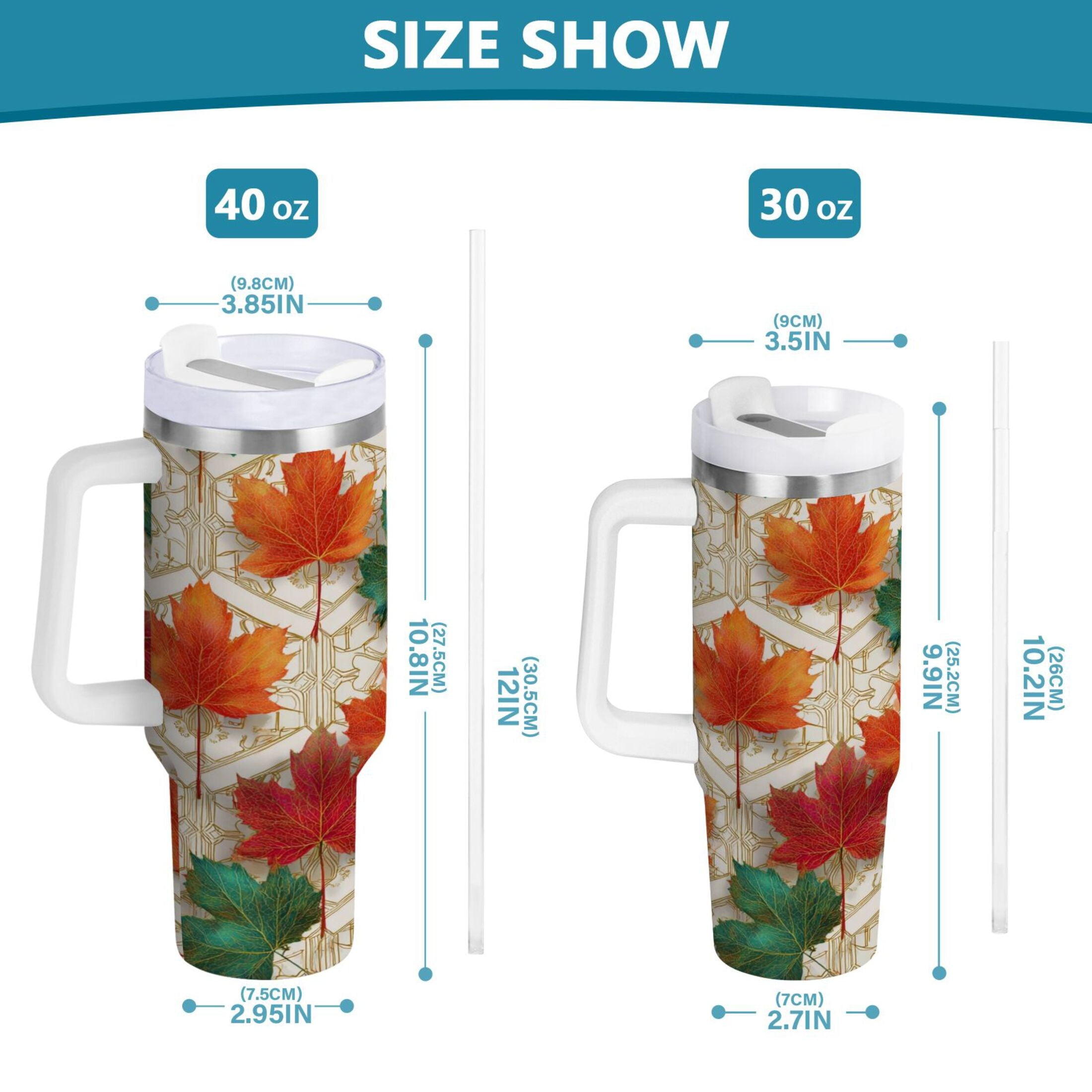 30 oz Insulated Stainless Steel Tumbler Double Wall Stainless Steel Tumbler with 2-Way Drinking Green and Red Maple Leaves | PU7M