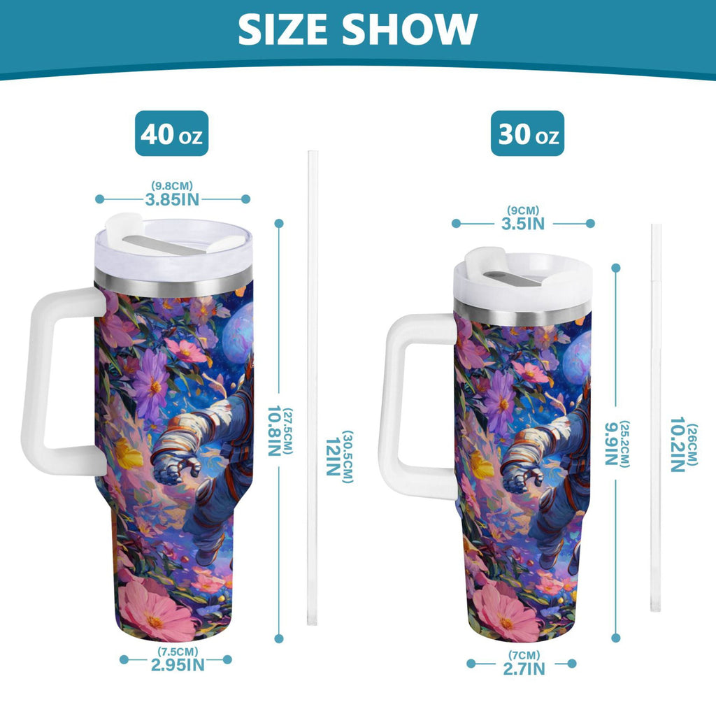 40 oz Insulated Stainless Steel Tumbler Double Wall Stainless Steel Tumbler with 2-Way Drinking Astronaut and Colorful Flowers | VJQ7