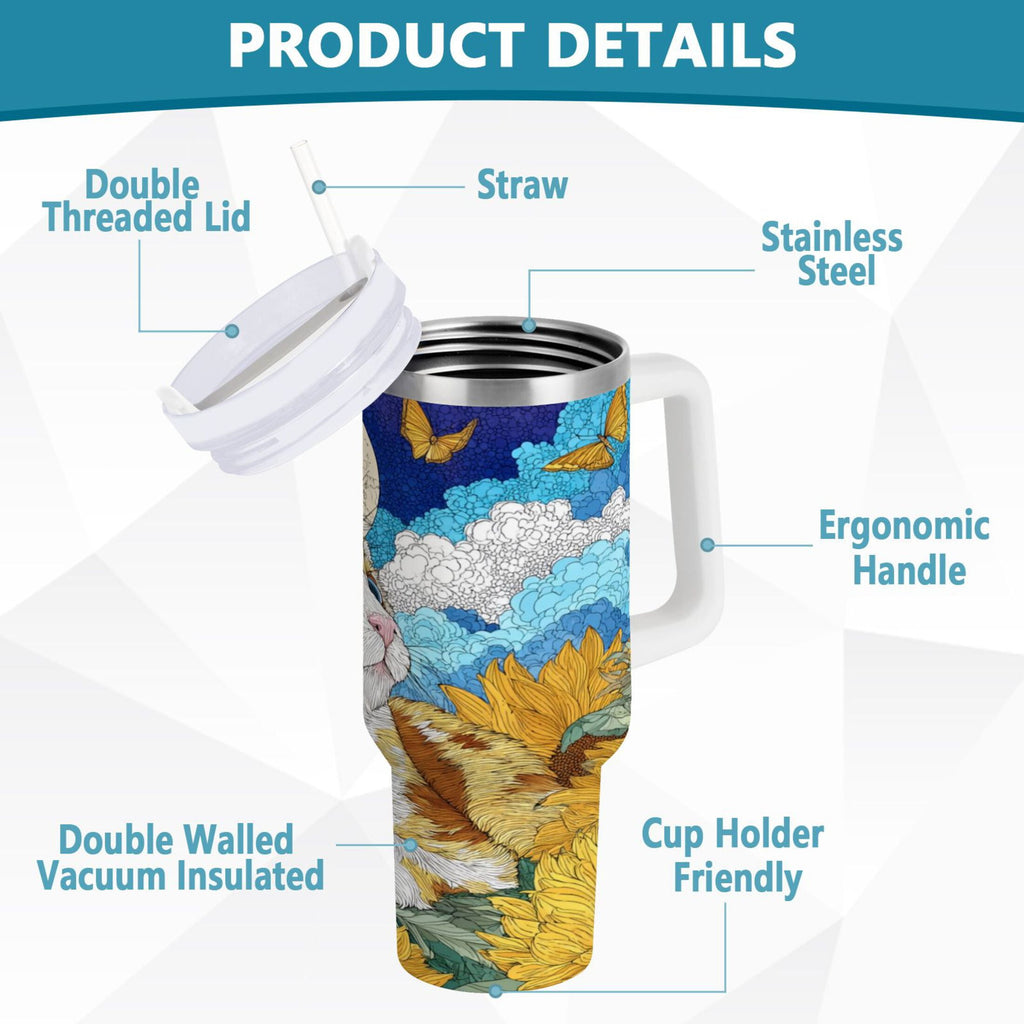 40 oz Insulated Stainless Steel Tumbler Double Wall Stainless Steel Tumbler with 2-Way Drinking Cat Lies in The Sunflowers | 60YE