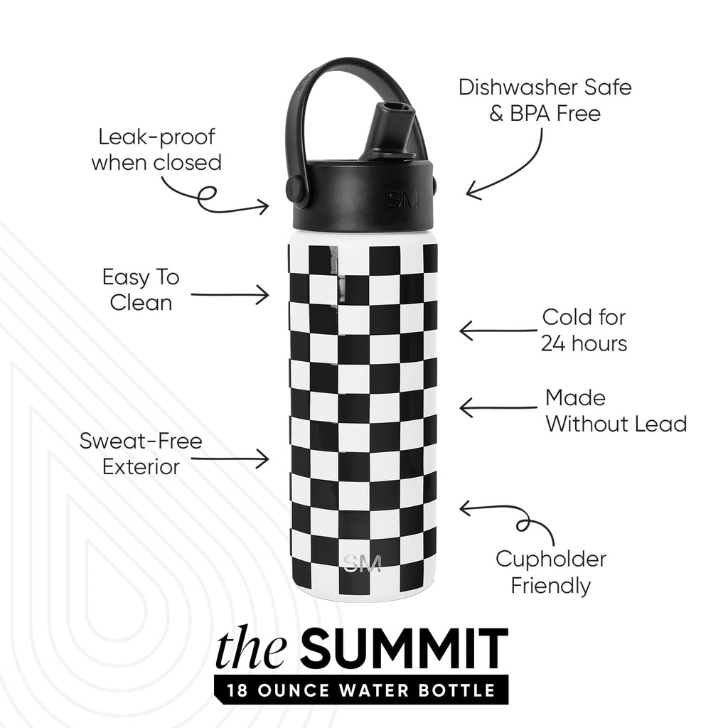 Simple Modern 18 fl oz Insulated Stainless Steel Summit Wide Mouth Water Bottle with Handle and Straw Lid|Black and White Checkmate | 73Y9