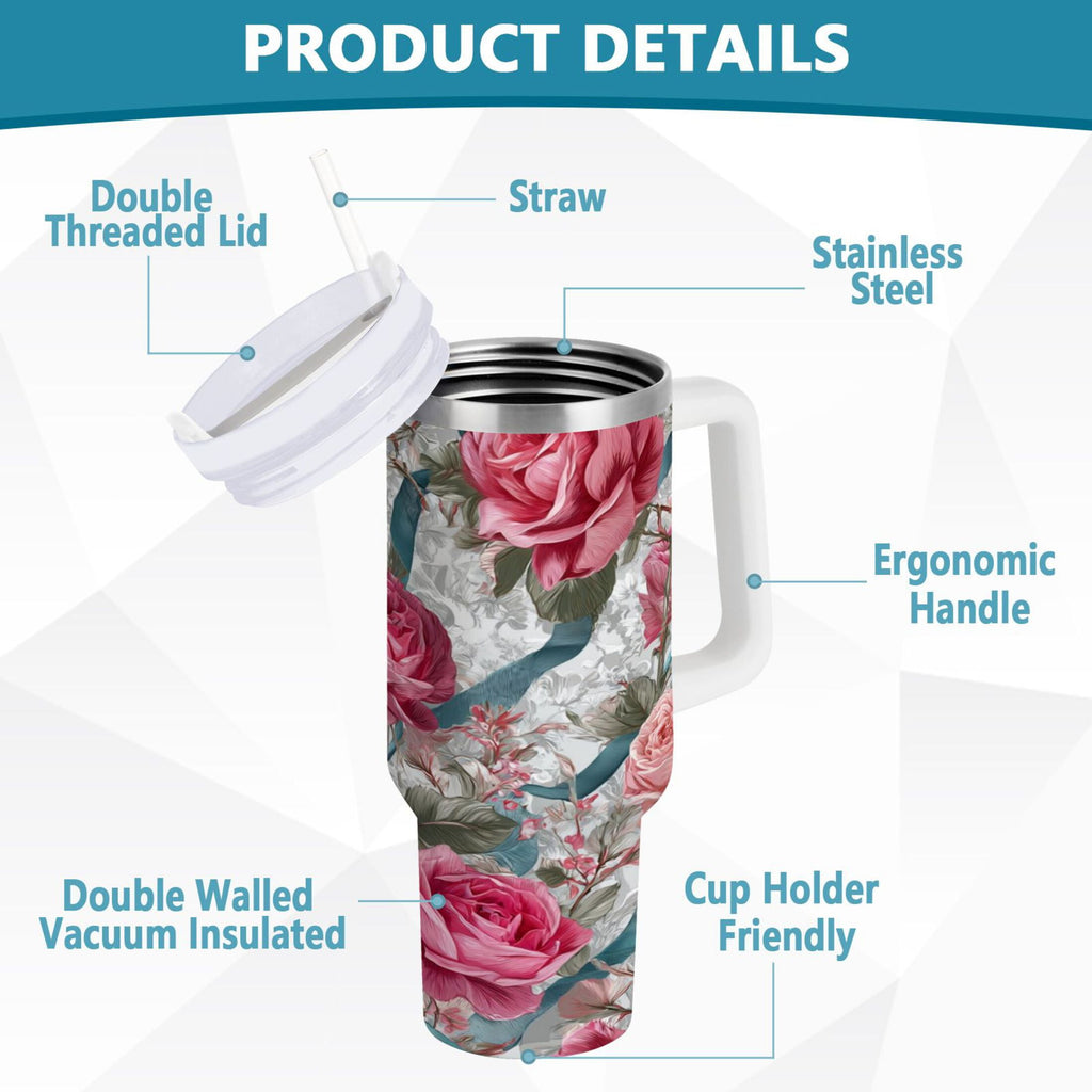 30 oz Insulated Stainless Steel Tumbler Double Wall Stainless Steel Tumbler with 2-Way Drinking Roses and Ribbons | M3YY