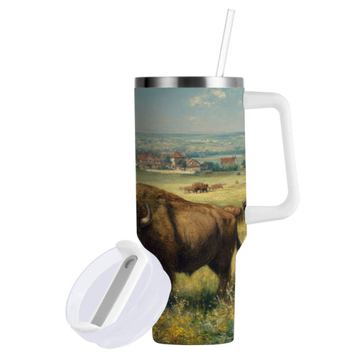 30 oz Insulated Stainless Steel Tumbler Double Wall Stainless Steel Tumbler with 2-Way Drinking Buffalo Herd Oil Painting | CQ61