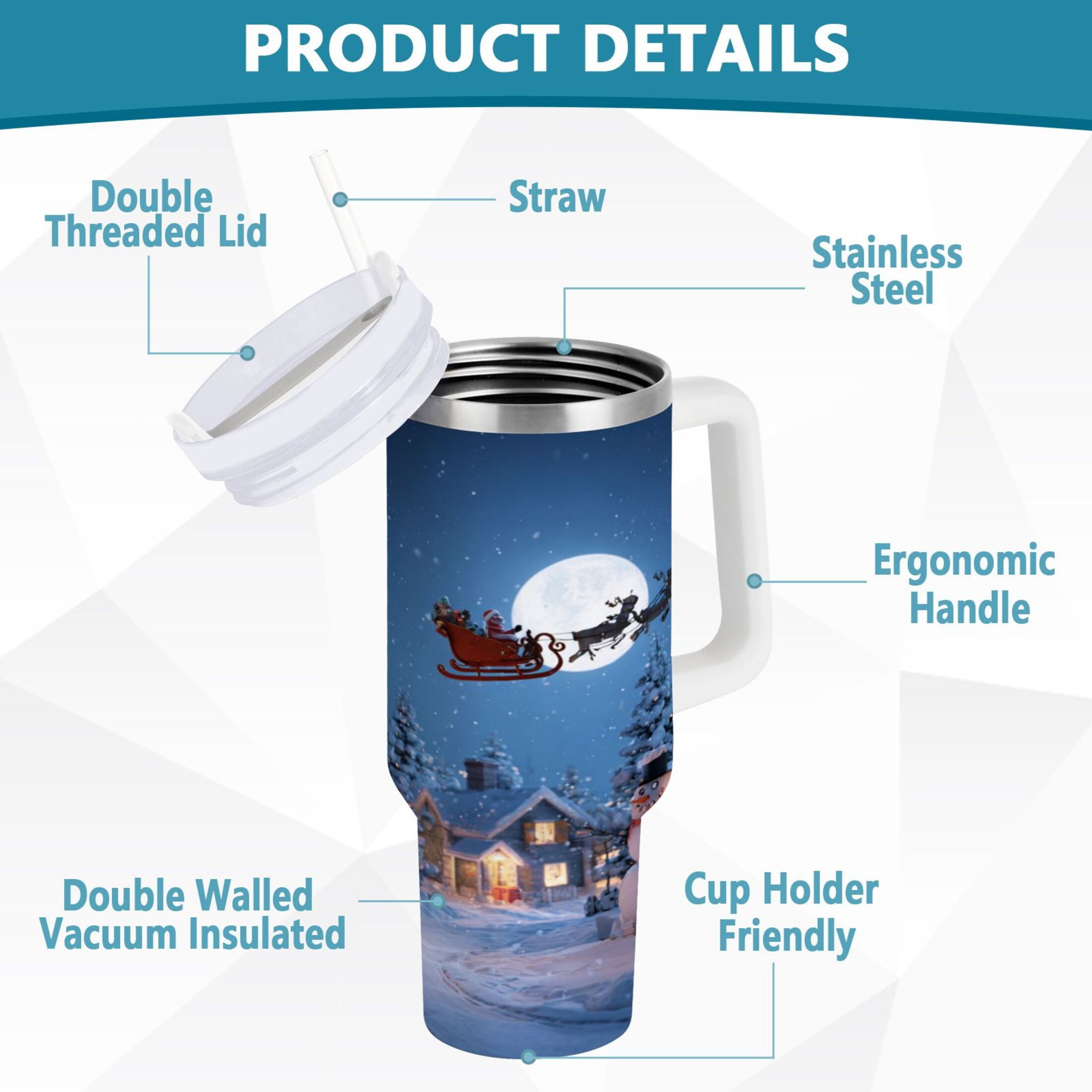 30 oz Insulated Stainless Steel Tumbler Double Wall Stainless Steel Tumbler with 2-Way Drinking Christmas Night Scene | UF7K