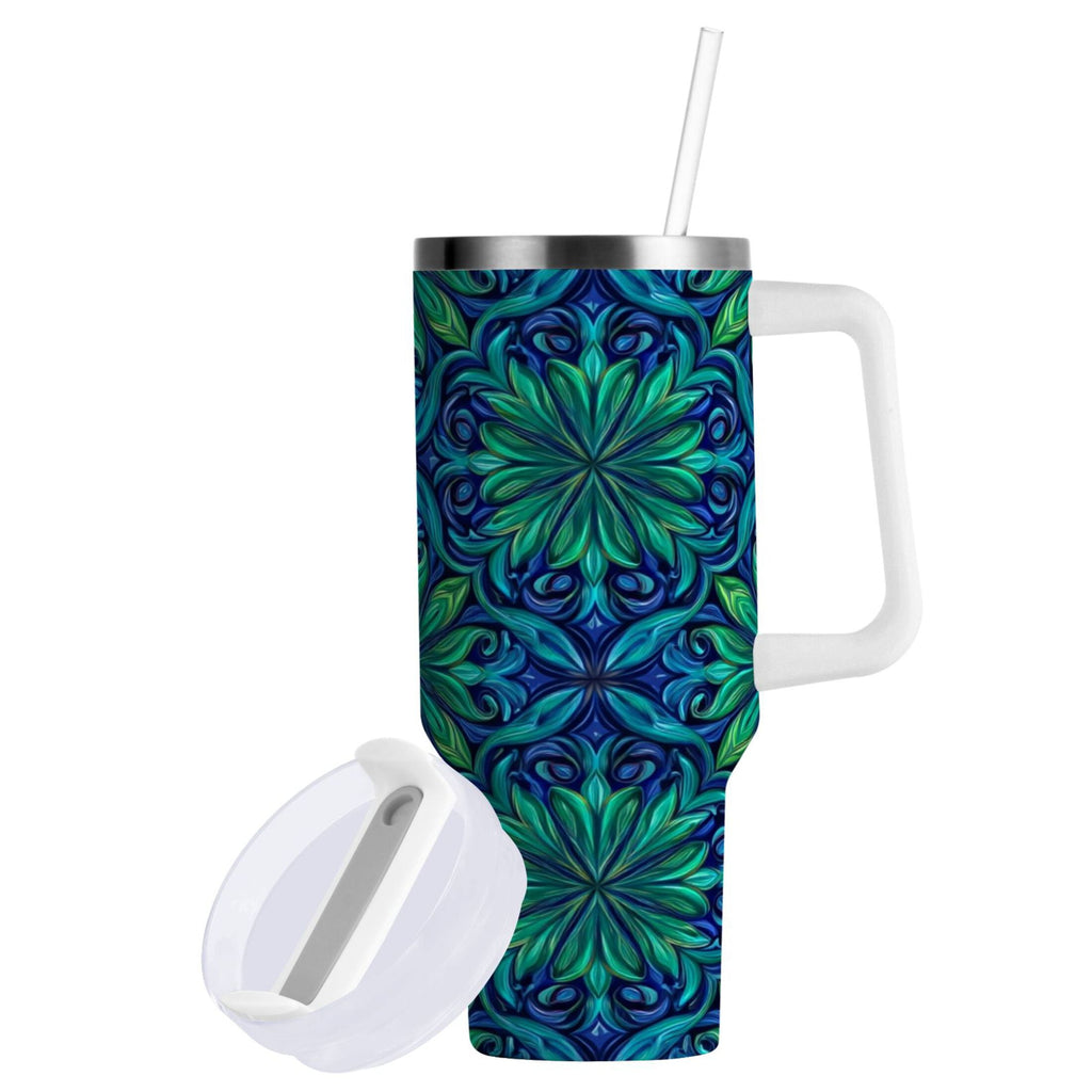 40 oz Insulated Stainless Steel Tumbler Double Wall Stainless Steel Tumbler with 2-Way Drinking Elegant Blue Traditional Patterns | ZRNL