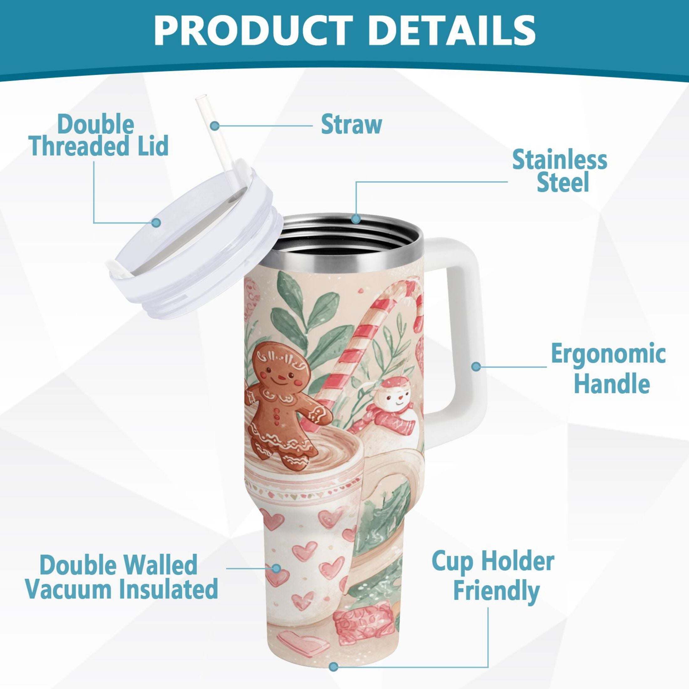 30 oz Insulated Stainless Steel Tumbler Double Wall Stainless Steel Tumbler with 2-Way Drinking Cute Christmas Design | PE93