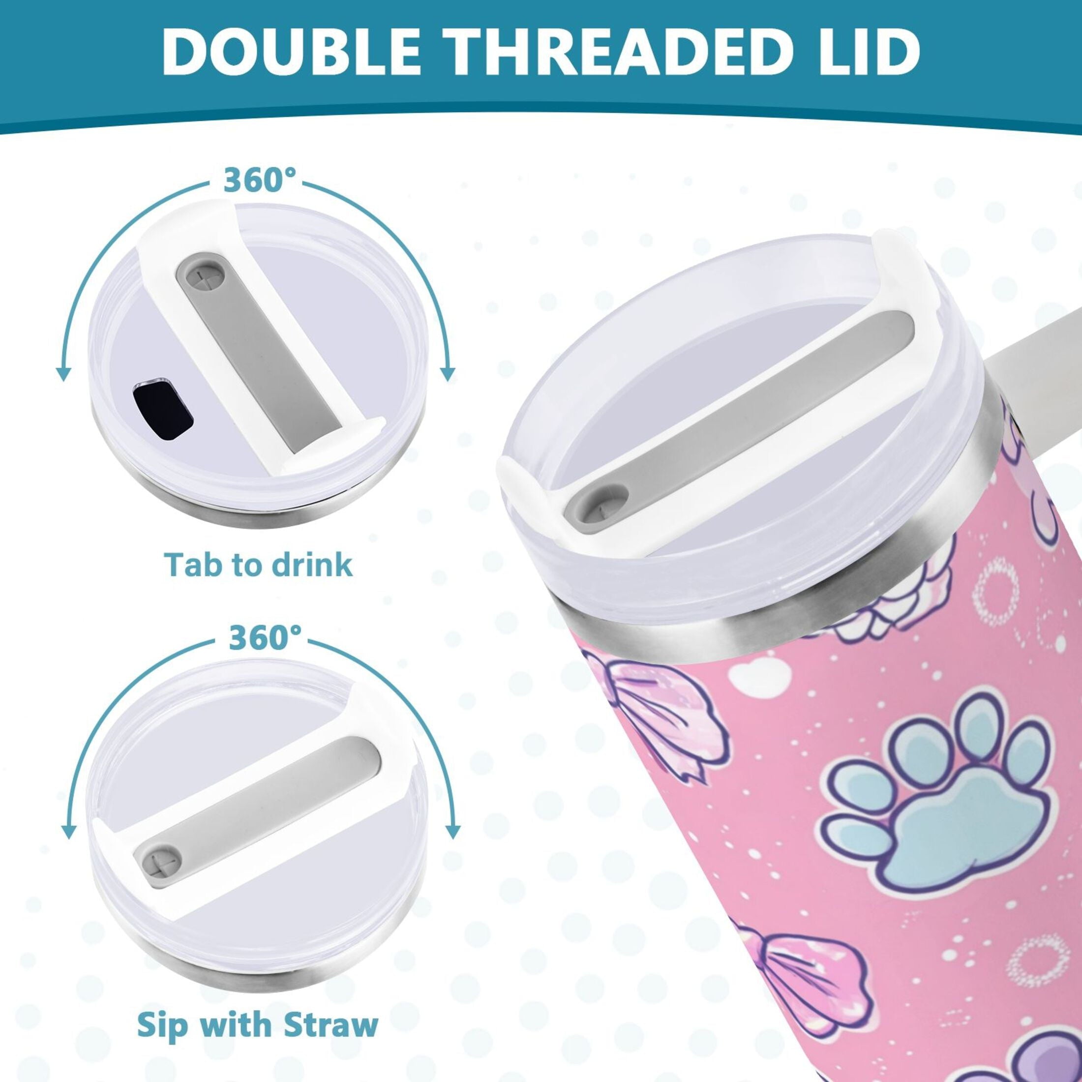 30 oz Insulated Stainless Steel Tumbler Double Wall Stainless Steel Tumbler with 2-Way Drinking Dog Paw Prints and Bows | 6E13