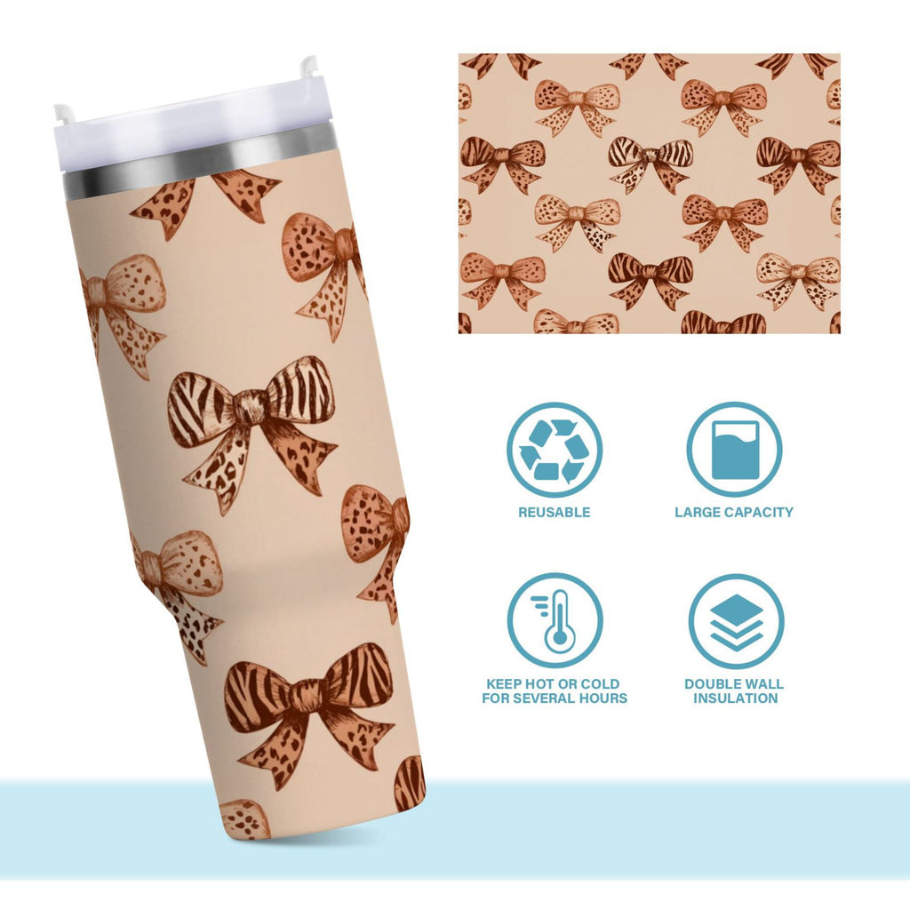 40 oz Insulated Stainless Steel Tumbler Double Wall Stainless Steel Tumbler with 2-Way Drinking Leopard Print Bow | FWQJ