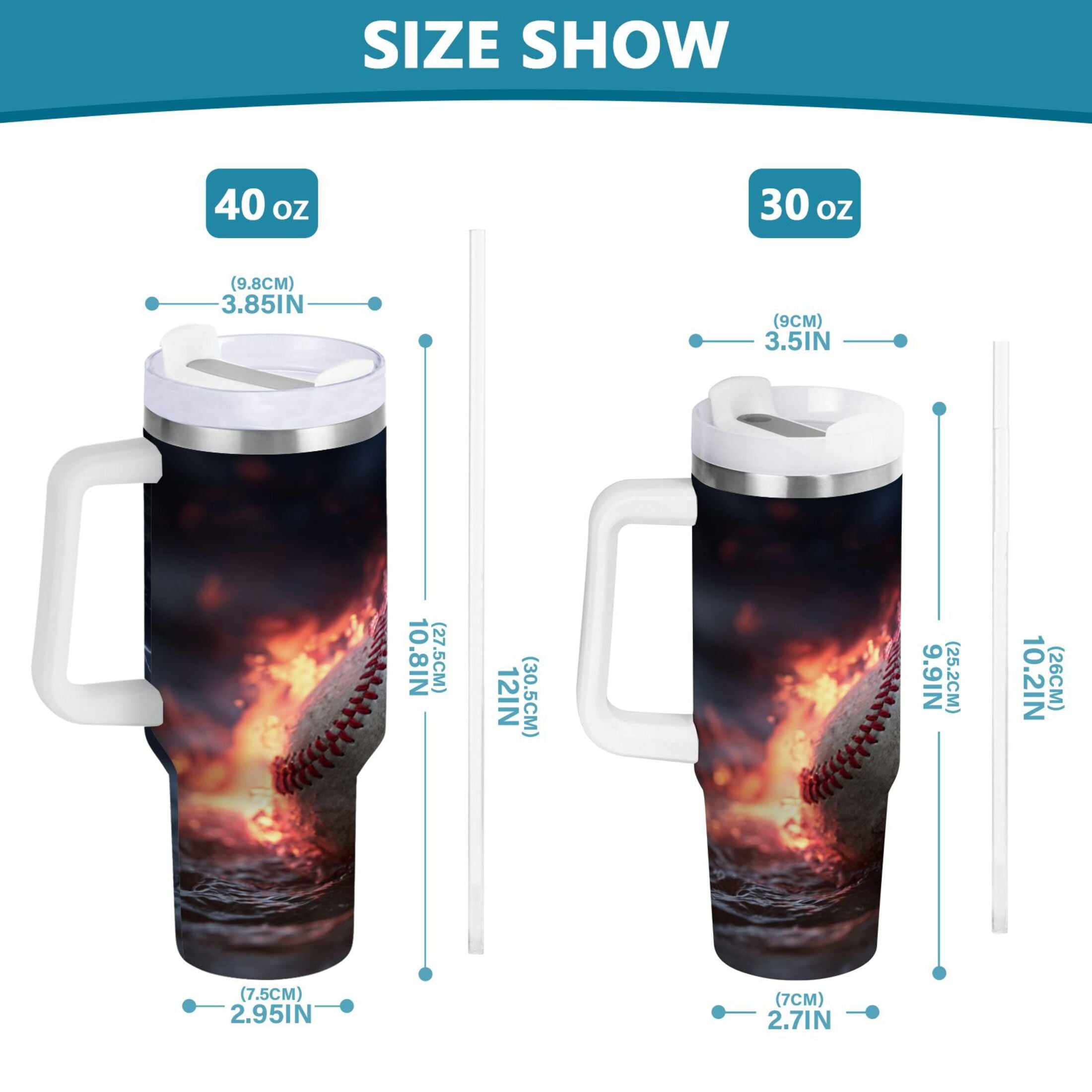 40 oz Insulated Stainless Steel Tumbler Double Wall Stainless Steel Tumbler with 2-Way Drinking Baseball with Water and Fire | Q6BL
