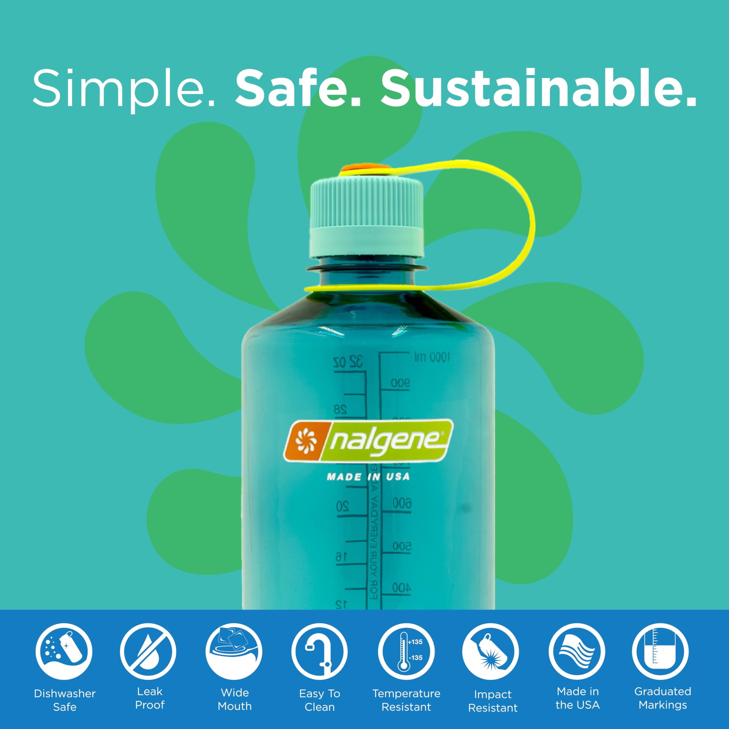 Nalgene Sustain Tritan BPA-Free Water Bottle Made with Material Derived from 50% Plastic Waste (using ISCC certified mass balance), 32 OZ, Narrow Mouth, Cerulean | 17ST