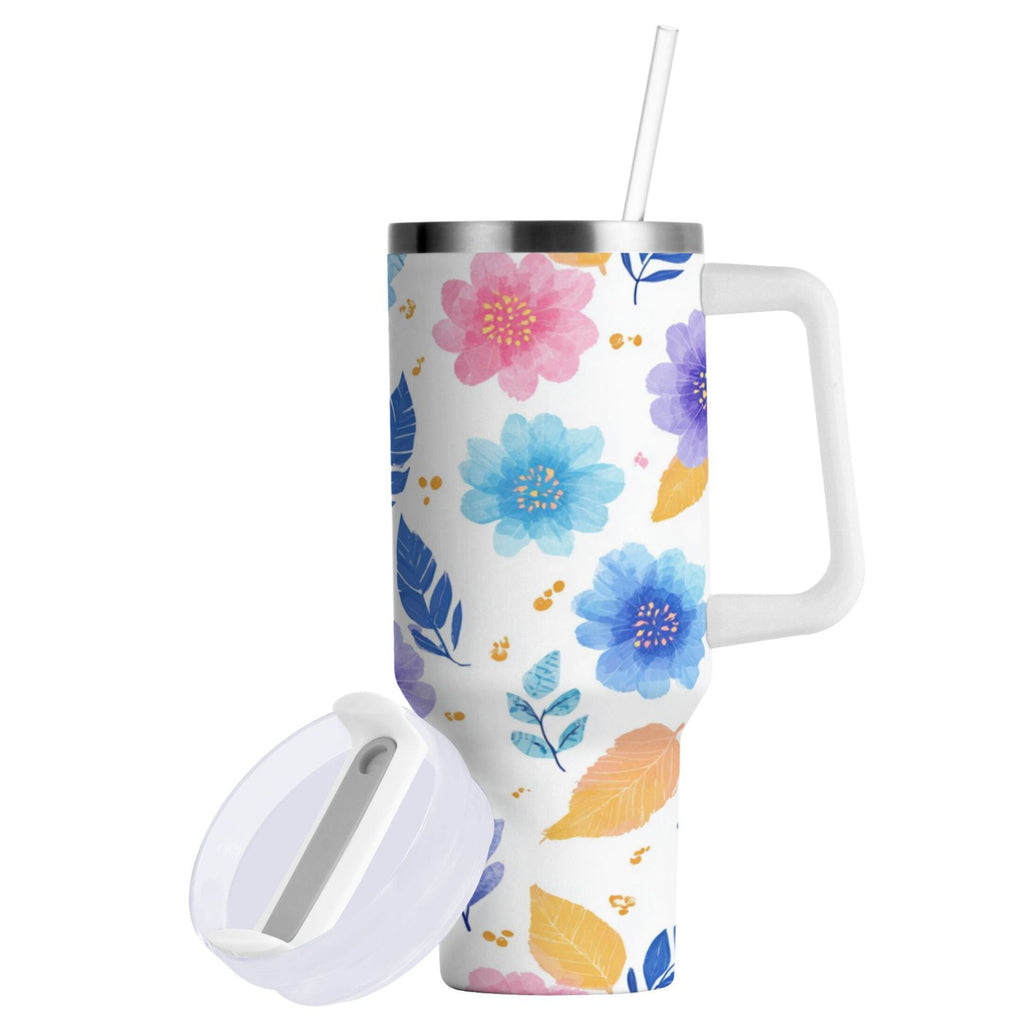 30 oz Insulated Stainless Steel Tumbler Double Wall Stainless Steel Tumbler with 2-Way Drinking Blue and Purple Flowers | HBCZ