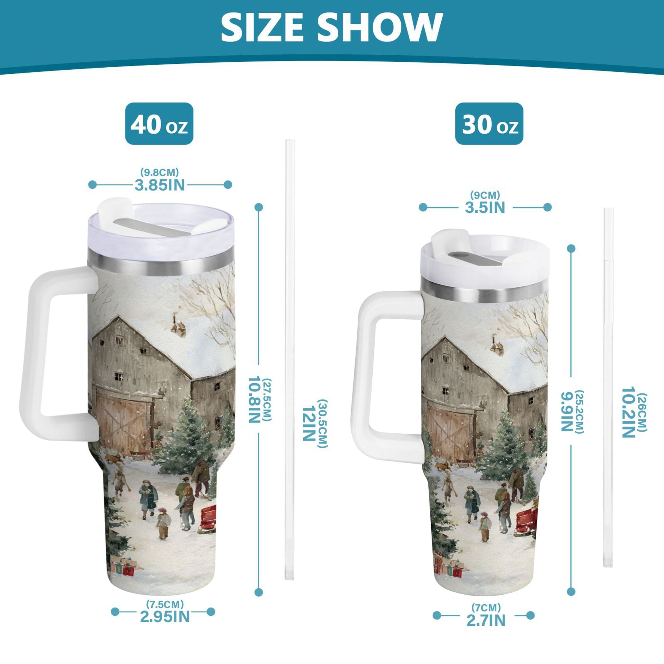 40 oz Insulated Stainless Steel Tumbler Double Wall Stainless Steel Tumbler with 2-Way Drinking Farm Snow Scene | M4ZF