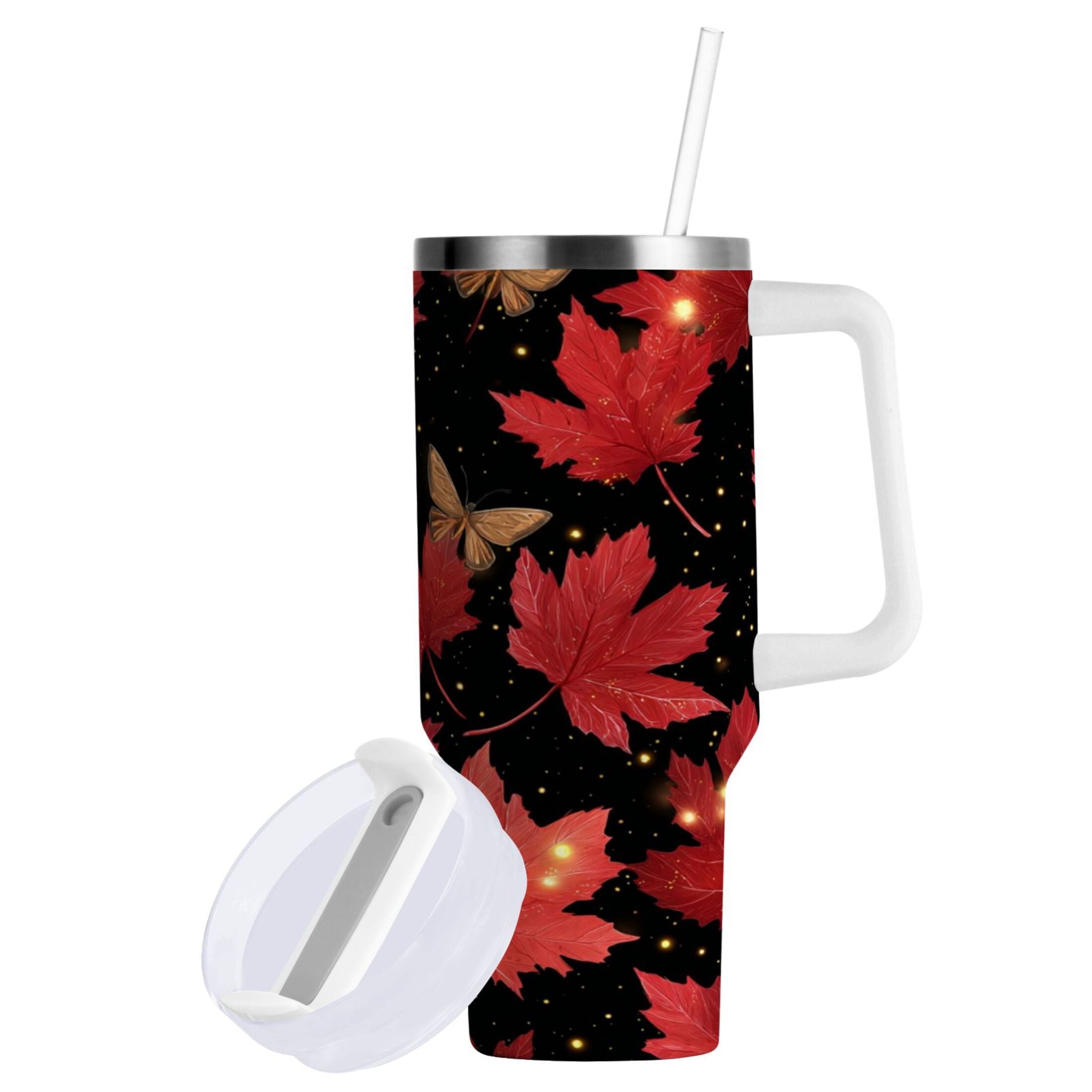 40 oz Insulated Stainless Steel Tumbler Double Wall Stainless Steel Tumbler with 2-Way Drinking Maple Leaves and Fireflies | P3ED