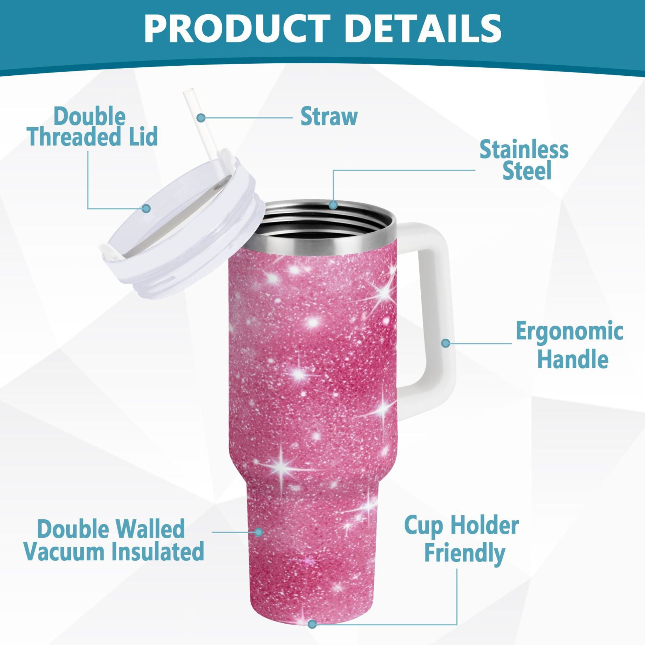 40 oz Insulated Stainless Steel Tumbler Double Wall Stainless Steel Tumbler with 2-Way Drinking Pink Glitter Background | RHVD
