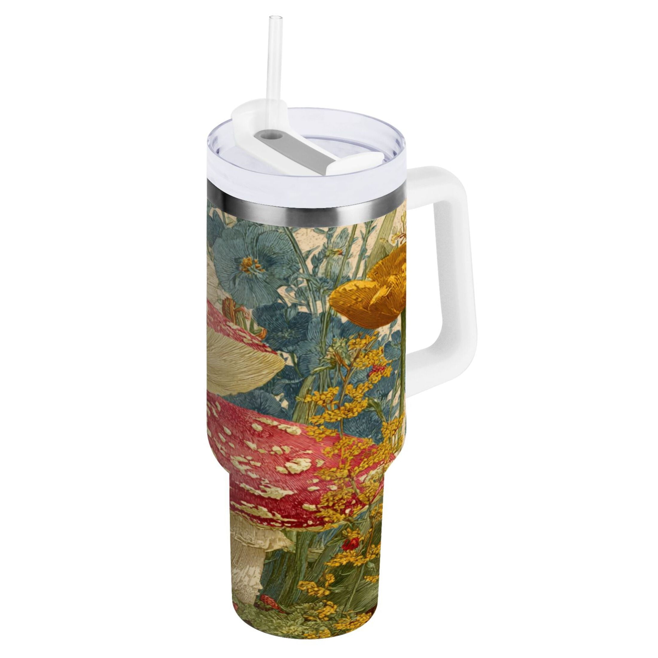 30 oz Insulated Stainless Steel Tumbler Double Wall Stainless Steel Tumbler with 2-Way Drinking Red Mushrooms with Flowers | K7N6