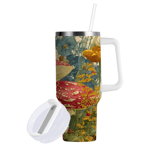 30 oz Insulated Stainless Steel Tumbler Double Wall Stainless Steel Tumbler with 2-Way Drinking Red Mushrooms with Flowers | K7N6