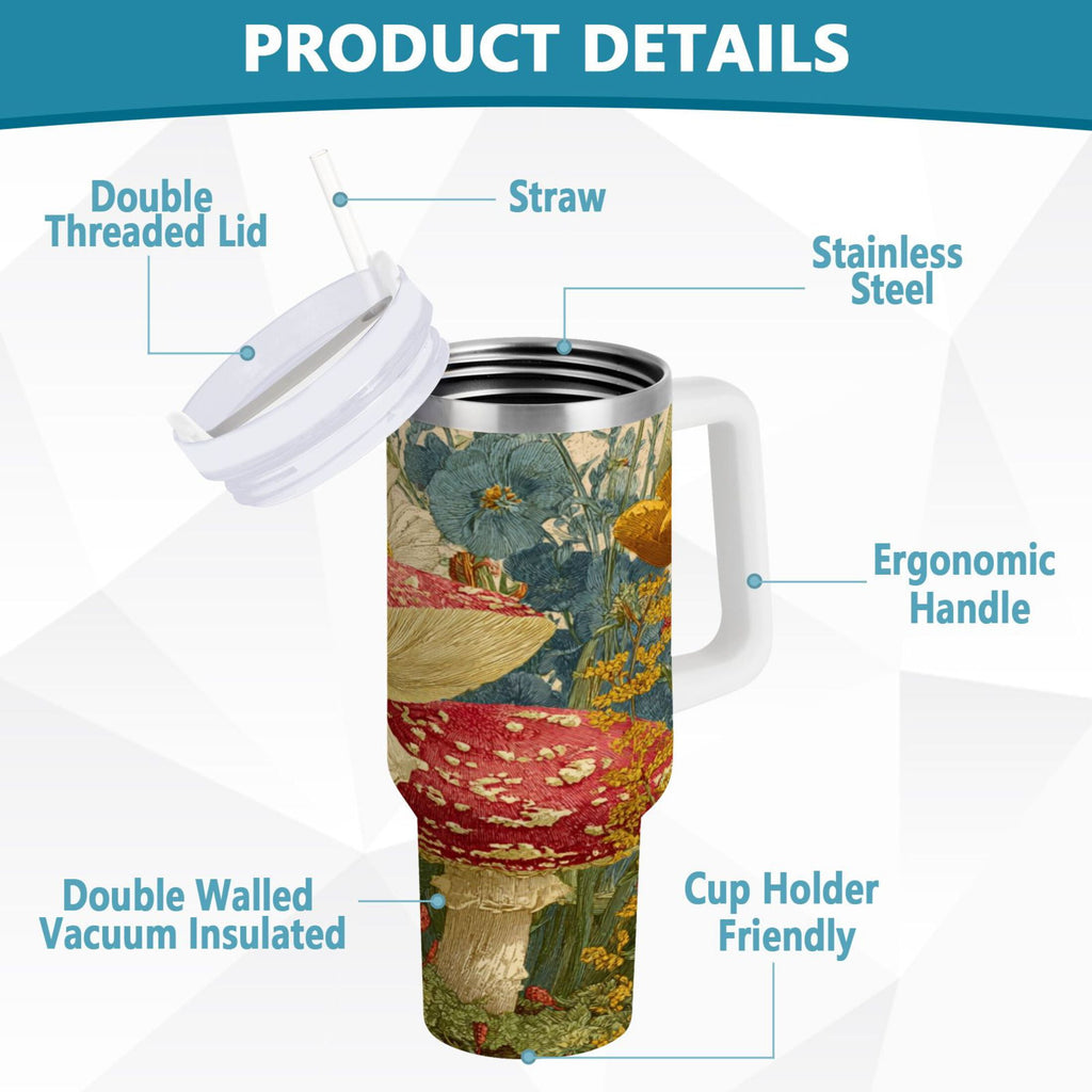 30 oz Insulated Stainless Steel Tumbler Double Wall Stainless Steel Tumbler with 2-Way Drinking Red Mushrooms with Flowers | K7N6