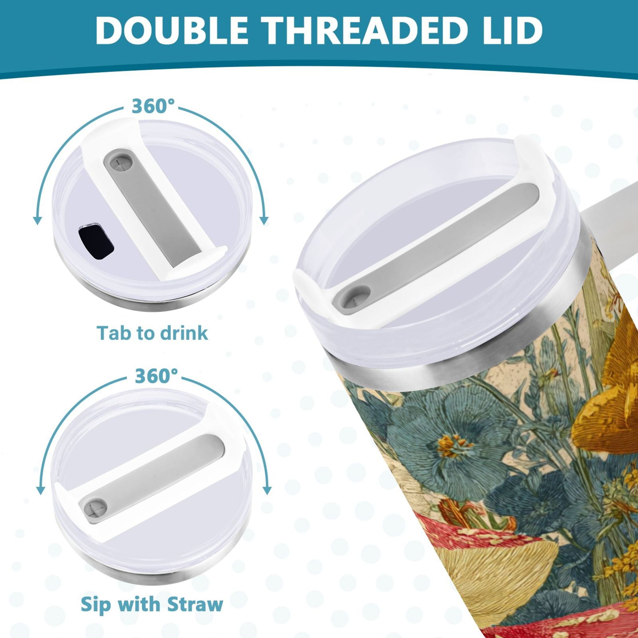 30 oz Insulated Stainless Steel Tumbler Double Wall Stainless Steel Tumbler with 2-Way Drinking Red Mushrooms with Flowers | K7N6