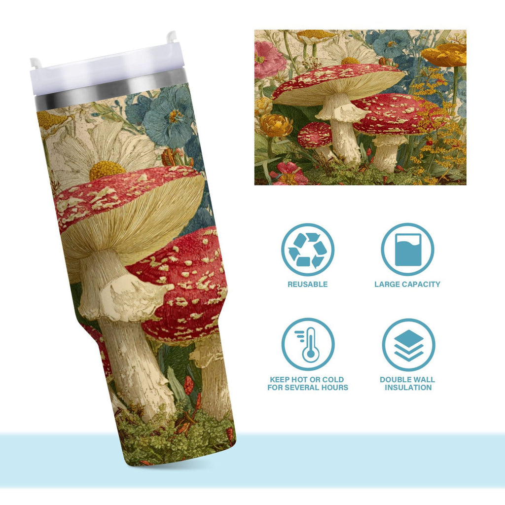 30 oz Insulated Stainless Steel Tumbler Double Wall Stainless Steel Tumbler with 2-Way Drinking Red Mushrooms with Flowers | K7N6