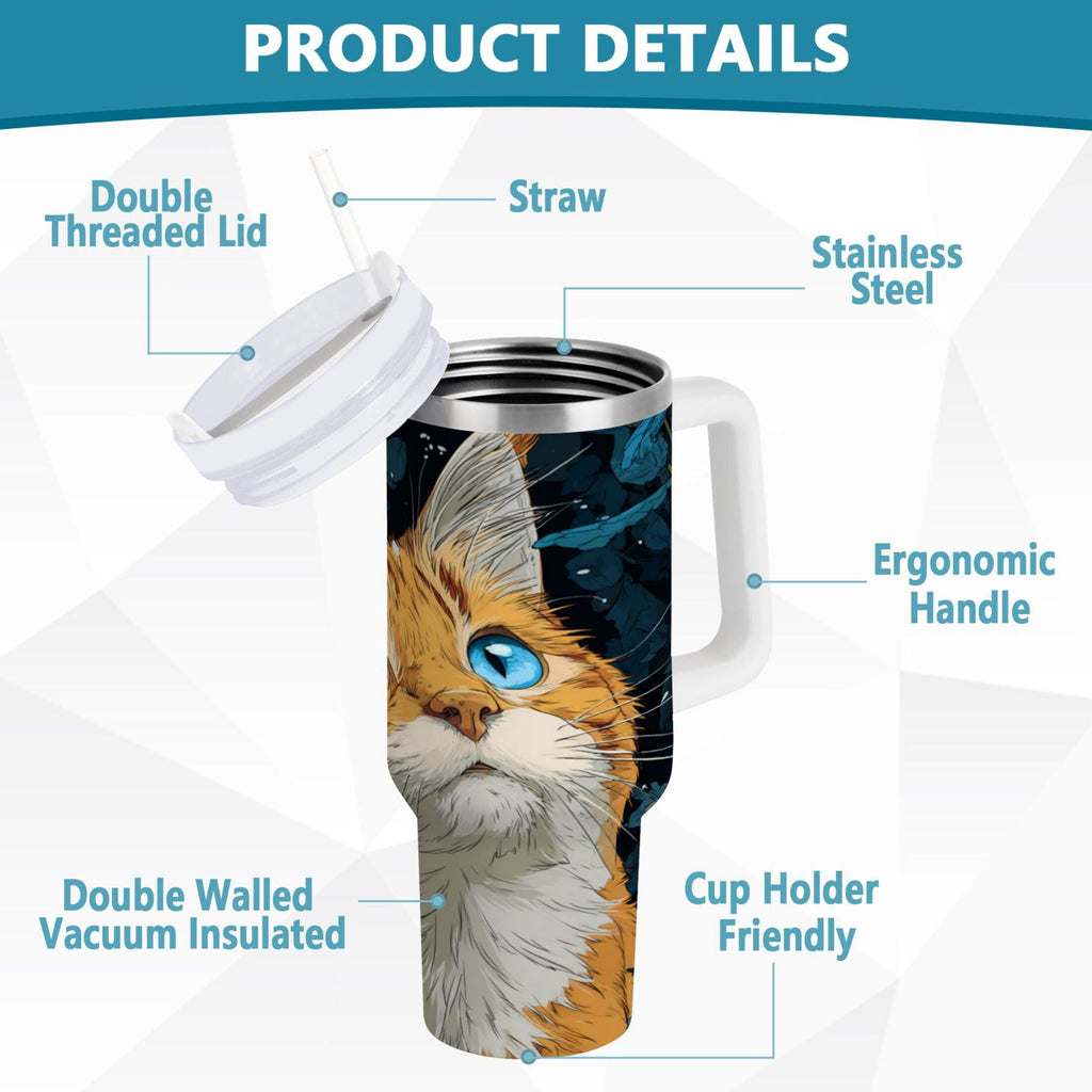 30 oz Insulated Stainless Steel Tumbler Double Wall Stainless Steel Tumbler with 2-Way Drinking Orange Cat with Blue Eyes | ALUY