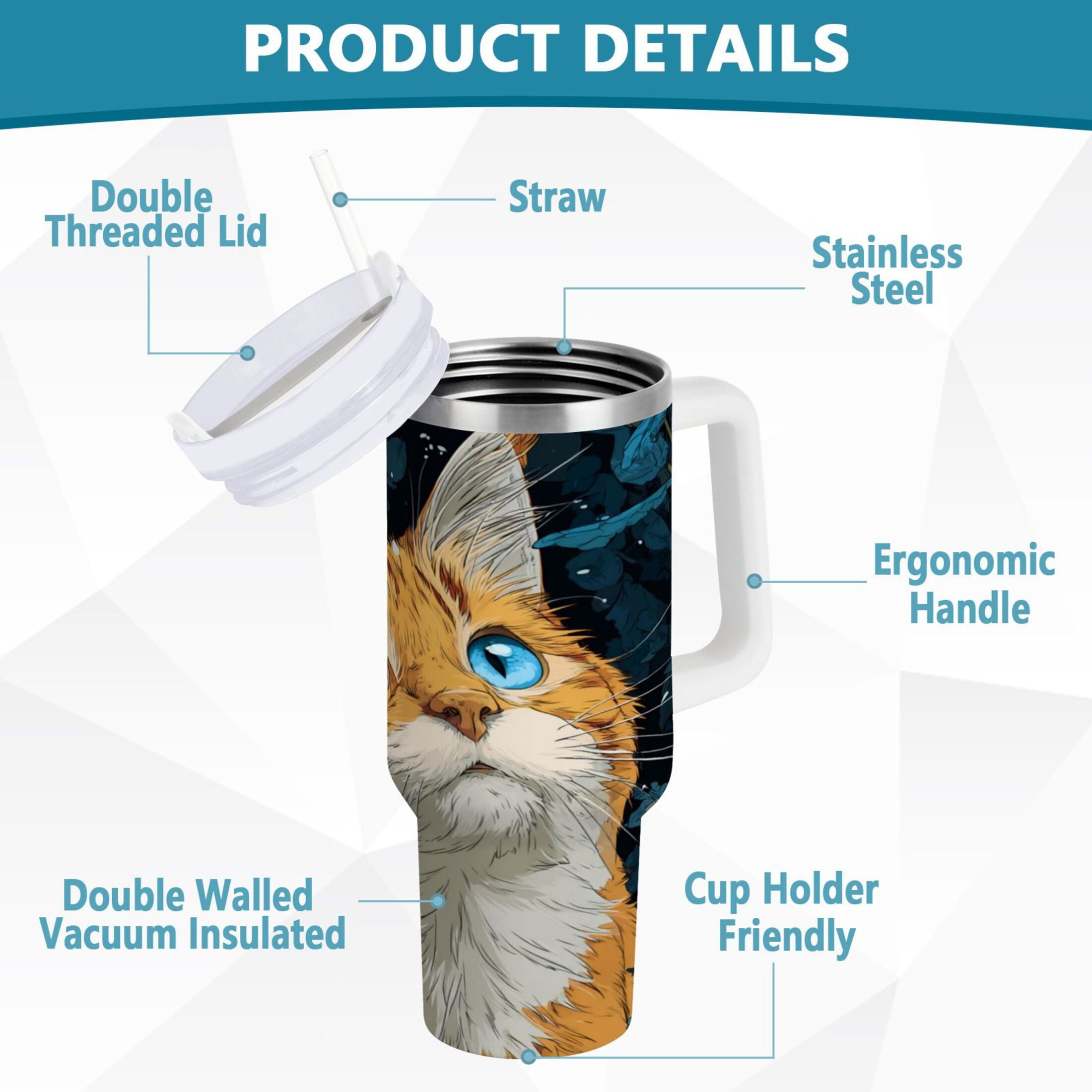30 oz Insulated Stainless Steel Tumbler Double Wall Stainless Steel Tumbler with 2-Way Drinking Orange Cat with Blue Eyes | ALUY