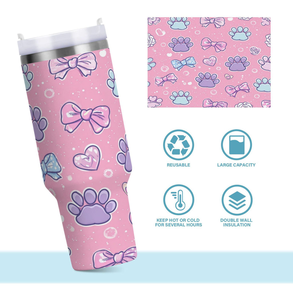 30 oz Insulated Stainless Steel Tumbler Double Wall Stainless Steel Tumbler with 2-Way Drinking Dog Paw Prints and Bows | 6E13