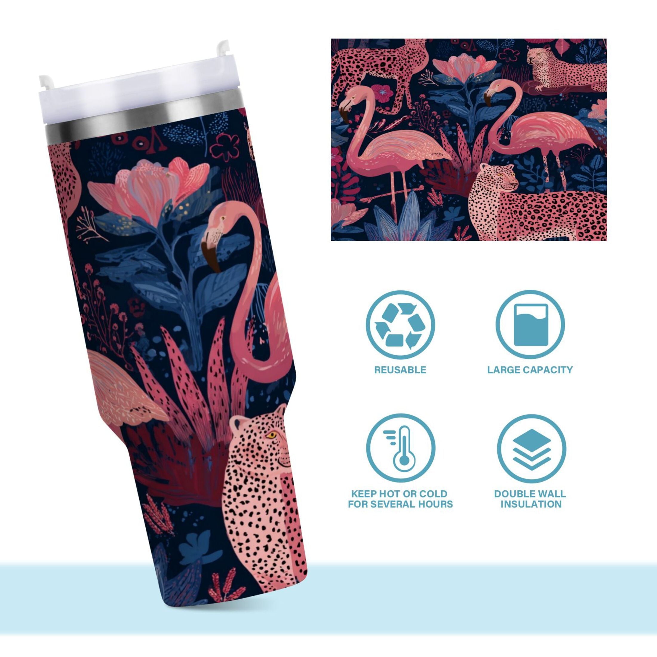 30 oz Insulated Stainless Steel Tumbler Double Wall Stainless Steel Tumbler with 2-Way Drinking Flamingos and Leopard Print | 9K2K