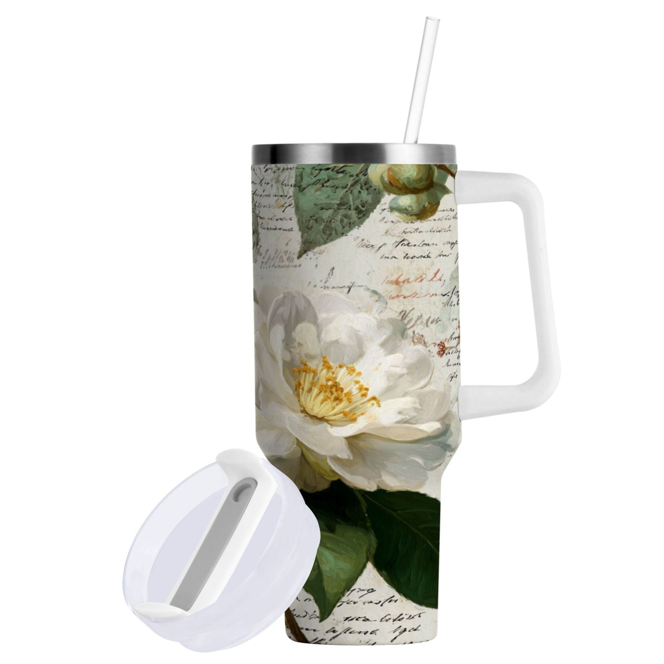 40 oz Insulated Stainless Steel Tumbler Double Wall Stainless Steel Tumbler with 2-Way Drinking Vintage White Camellias | YH44
