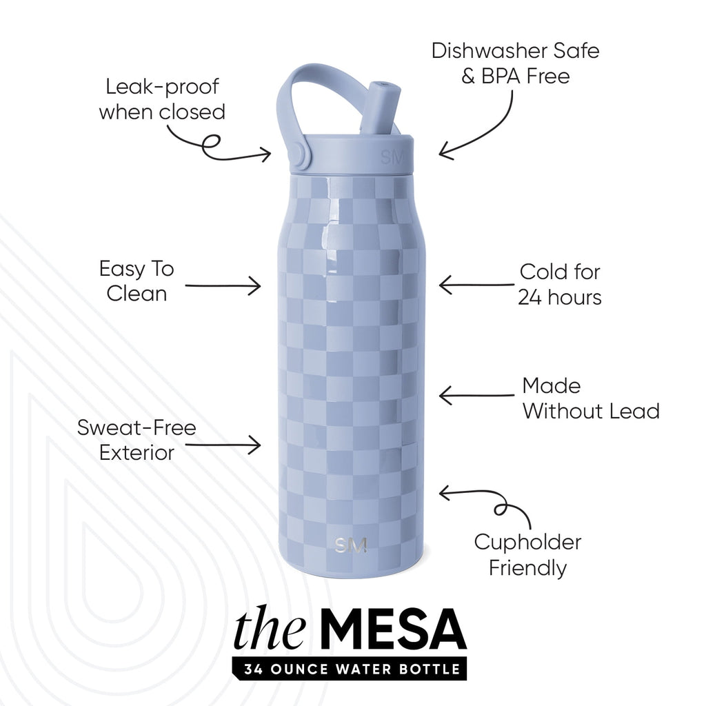 Simple Modern 34 fl oz Insulated Stainless Steel Mesa Wide Mouth Water Bottle with Handle and Push Button Straw Lid | Mystifying Blue Checkmate | 38AM