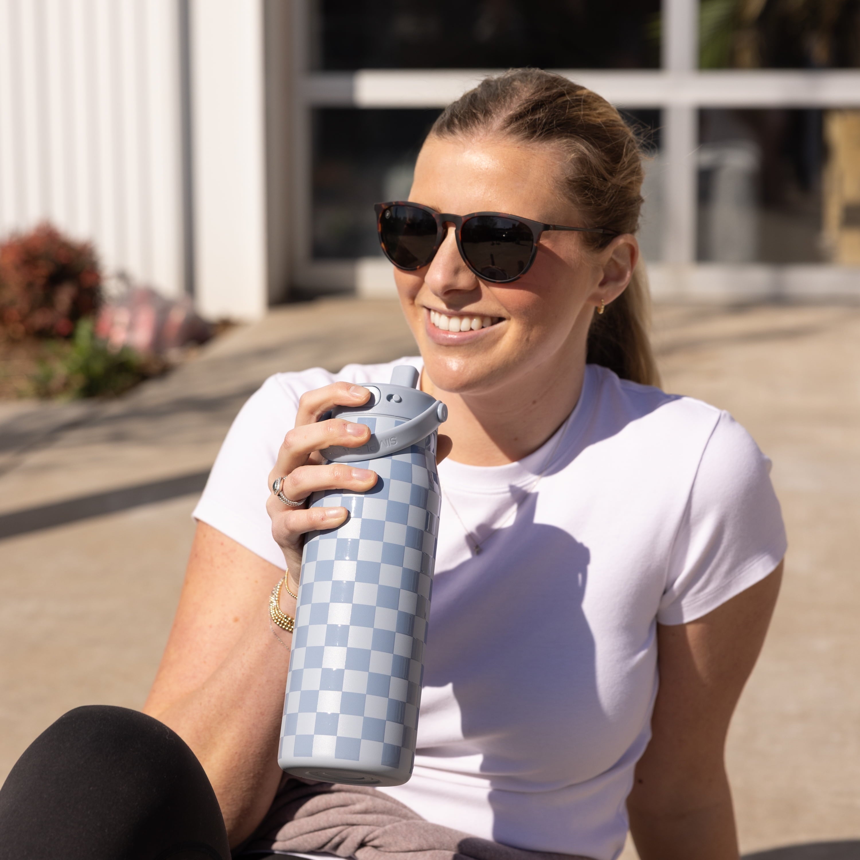 Simple Modern 34 fl oz Insulated Stainless Steel Mesa Wide Mouth Water Bottle with Handle and Push Button Straw Lid | Mystifying Blue Checkmate | 38AM