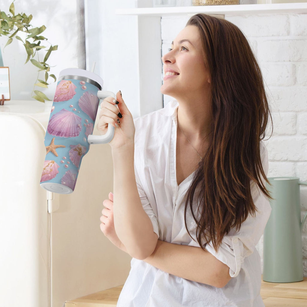 40 oz Insulated Stainless Steel Tumbler Double Wall Stainless Steel Tumbler with 2-Way Drinking Seashells and Pearls Pattern | DLKW