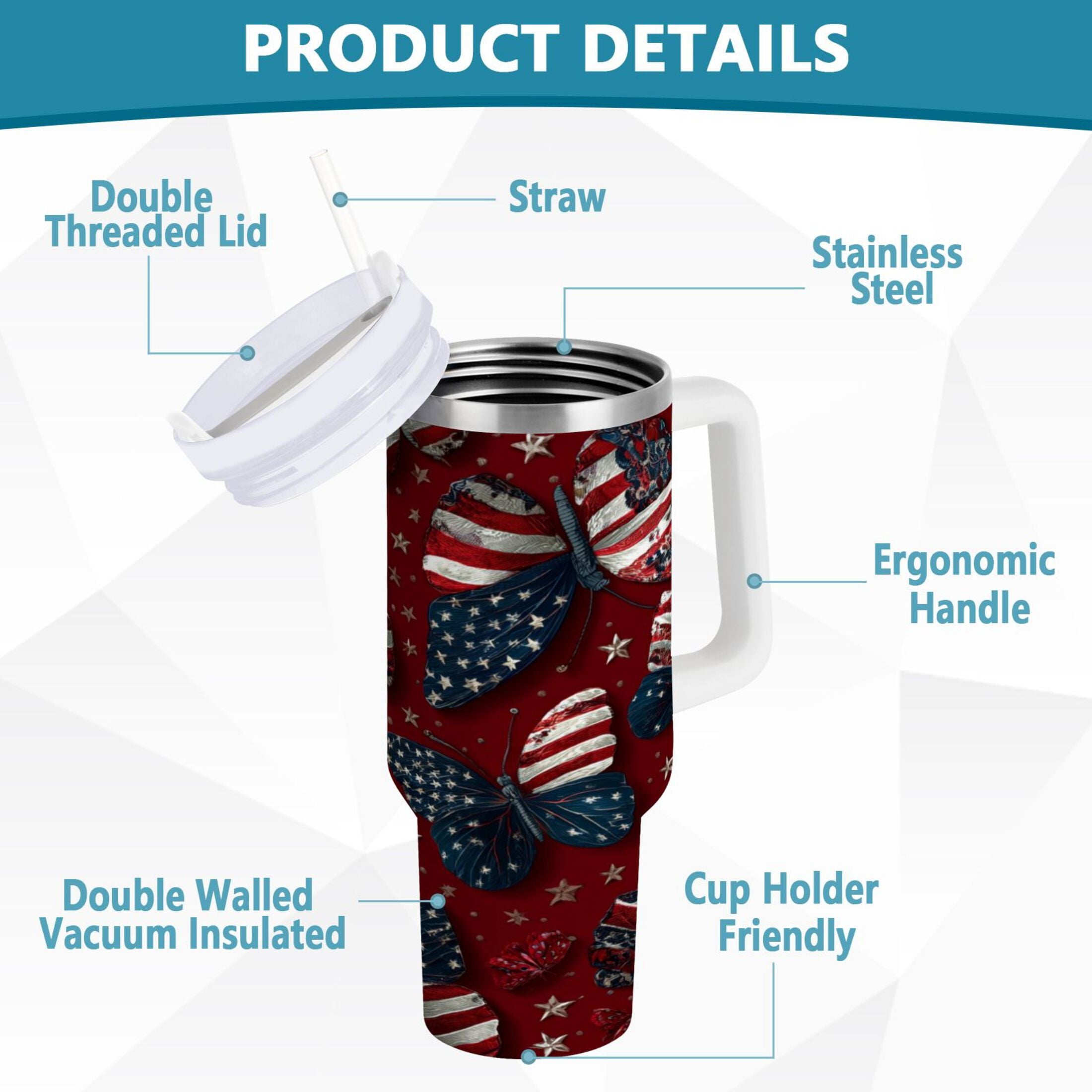 40 oz Insulated Stainless Steel Tumbler Double Wall Stainless Steel Tumbler with 2-Way Drinking Butterfly with National Flag | YWZ4