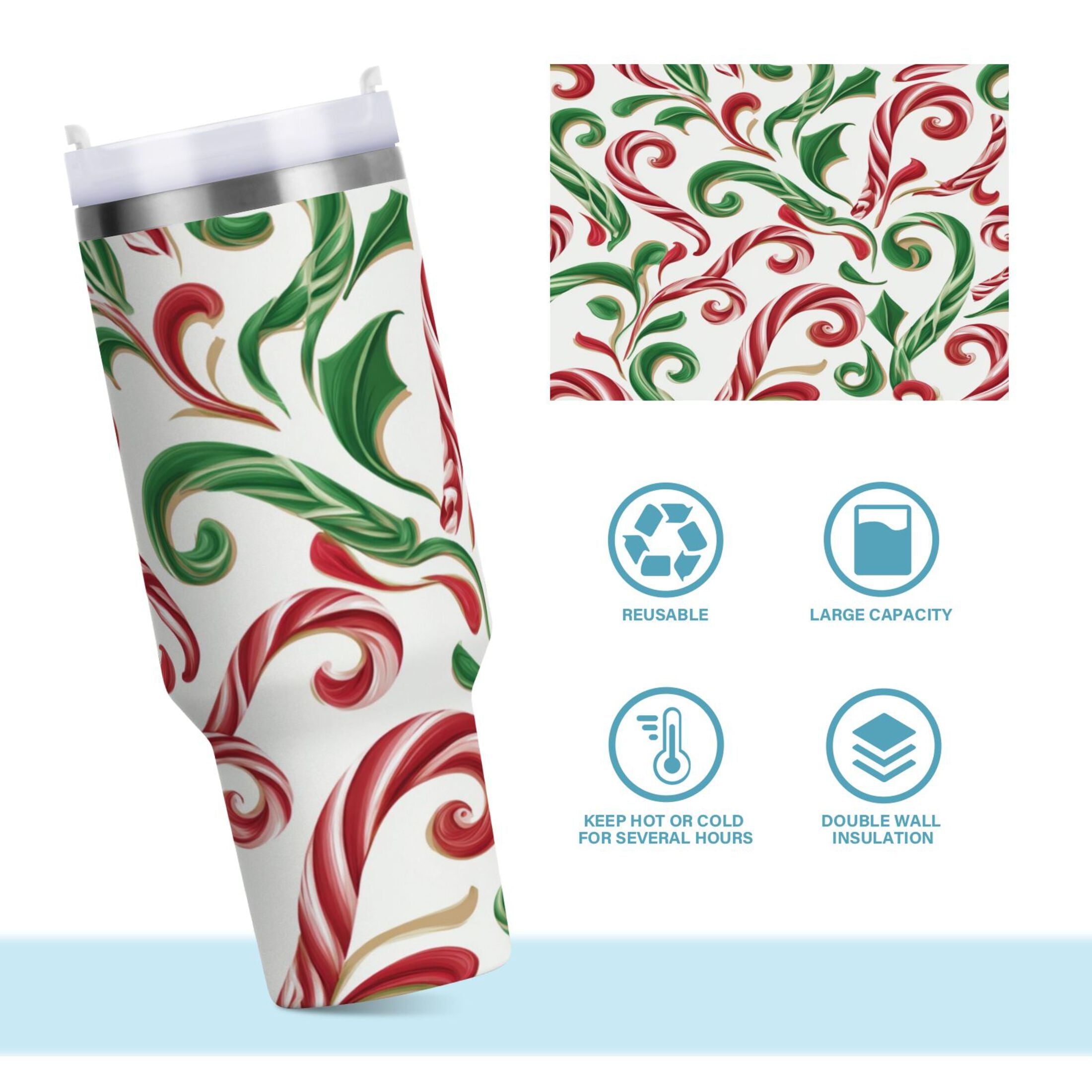 40 oz Insulated Stainless Steel Tumbler Double Wall Stainless Steel Tumbler with 2-Way Drinking Red and Green Candy-cane | D91A