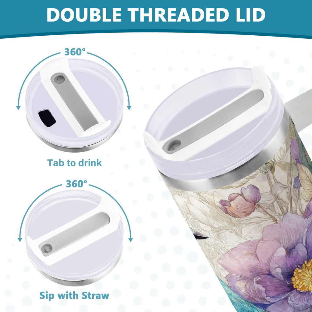 30 oz Insulated Stainless Steel Tumbler Double Wall Stainless Steel Tumbler with 2-Way Drinking Bluebird and Flower | 55IV