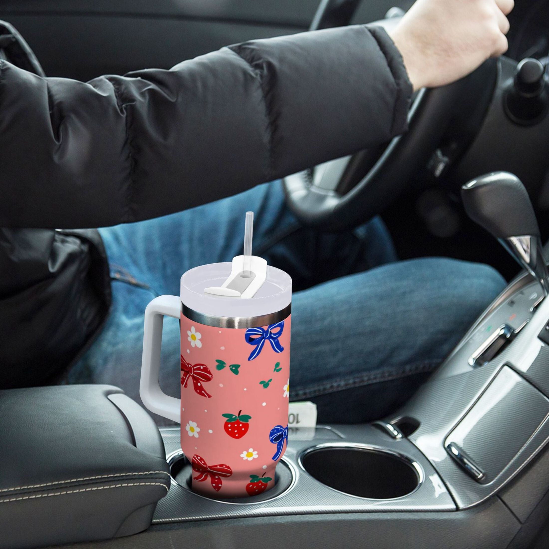 40 oz Insulated Stainless Steel Tumbler Double Wall Stainless Steel Tumbler with 2-Way Drinking Bows and Strawberries Pattern | 2KSY