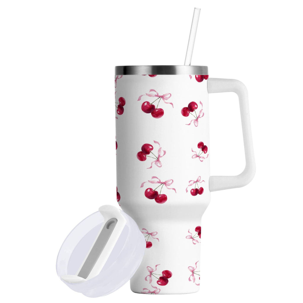 30 oz Insulated Stainless Steel Tumbler Double Wall Stainless Steel Tumbler with 2-Way Drinking Watercolor Cherries Pattern | DSFW