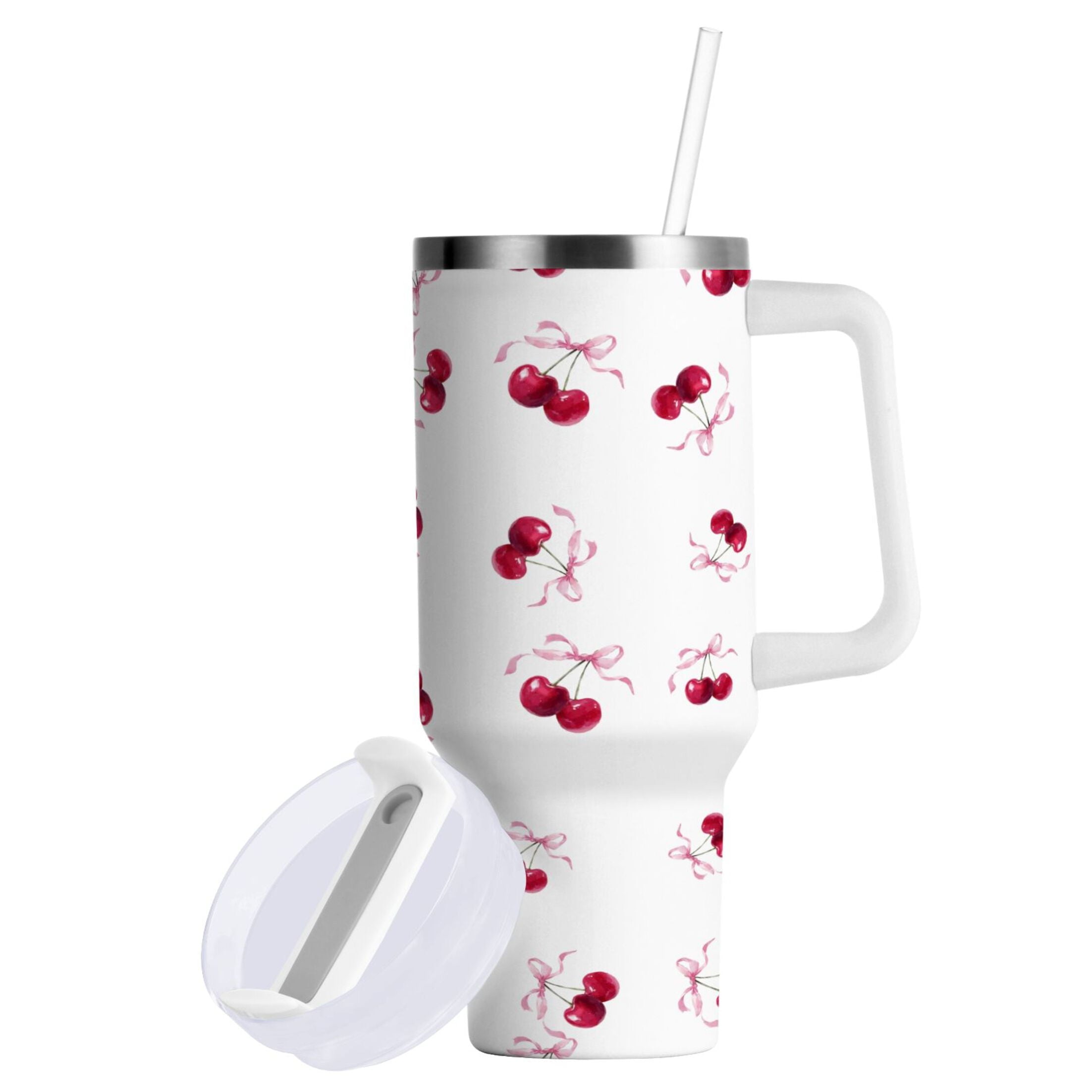 30 oz Insulated Stainless Steel Tumbler Double Wall Stainless Steel Tumbler with 2-Way Drinking Watercolor Cherries Pattern | DSFW