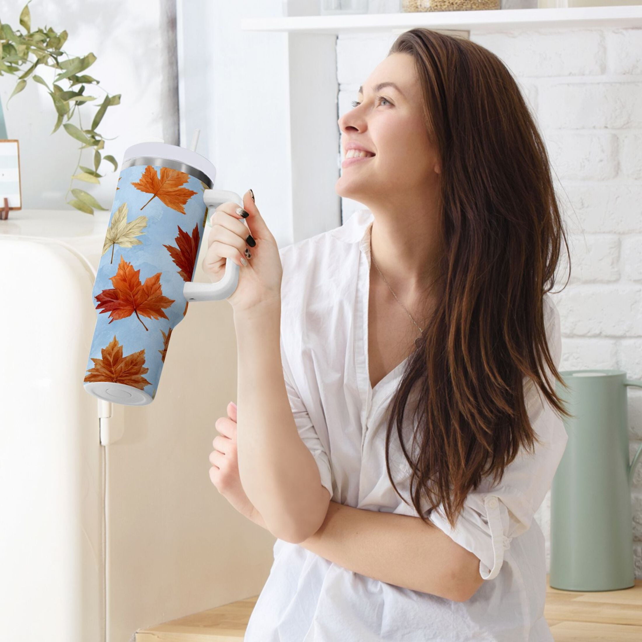 30 oz Insulated Stainless Steel Tumbler Double Wall Stainless Steel Tumbler with 2-Way Drinking Autumn Maple Leaves | 638N