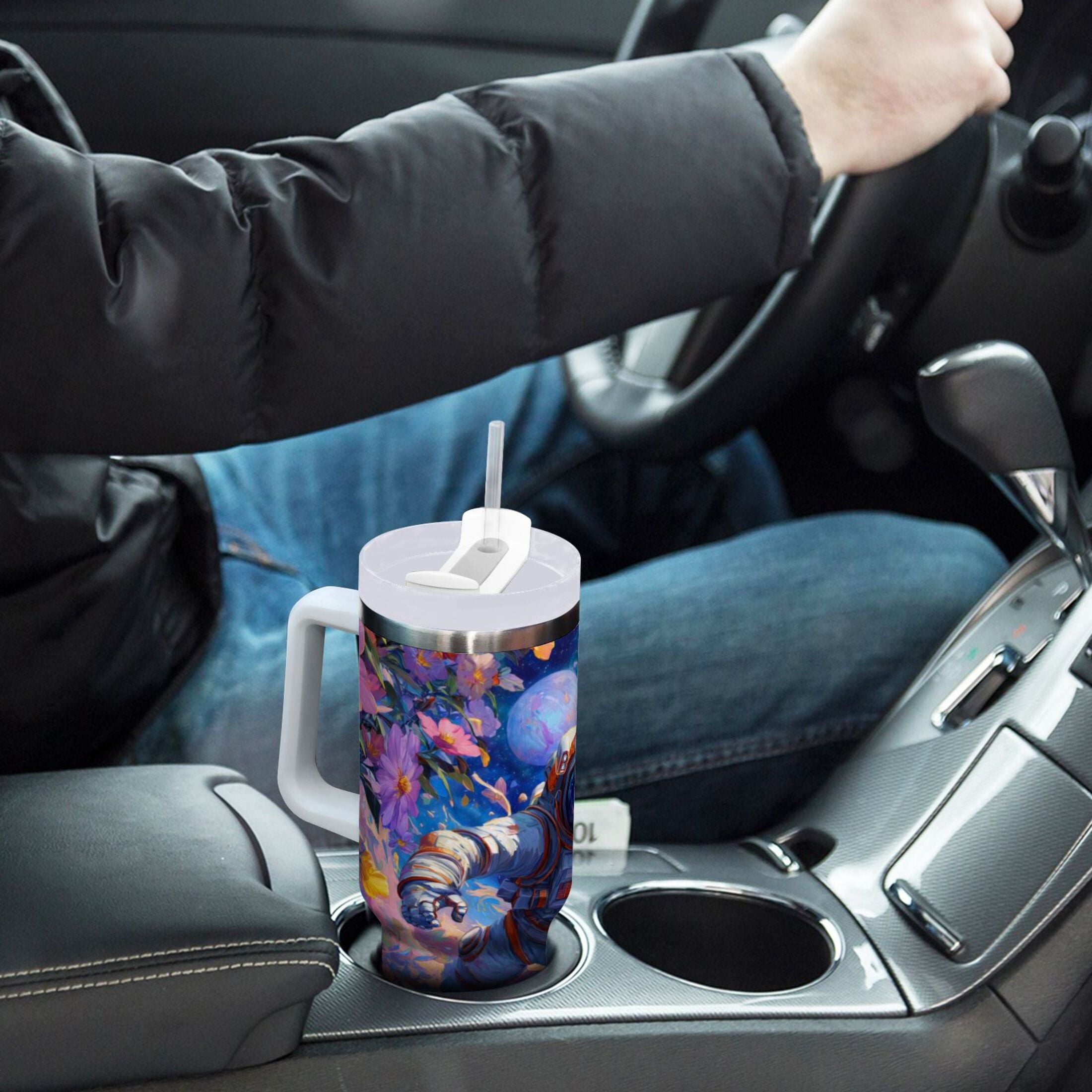 40 oz Insulated Stainless Steel Tumbler Double Wall Stainless Steel Tumbler with 2-Way Drinking Astronaut and Colorful Flowers | VJQ7