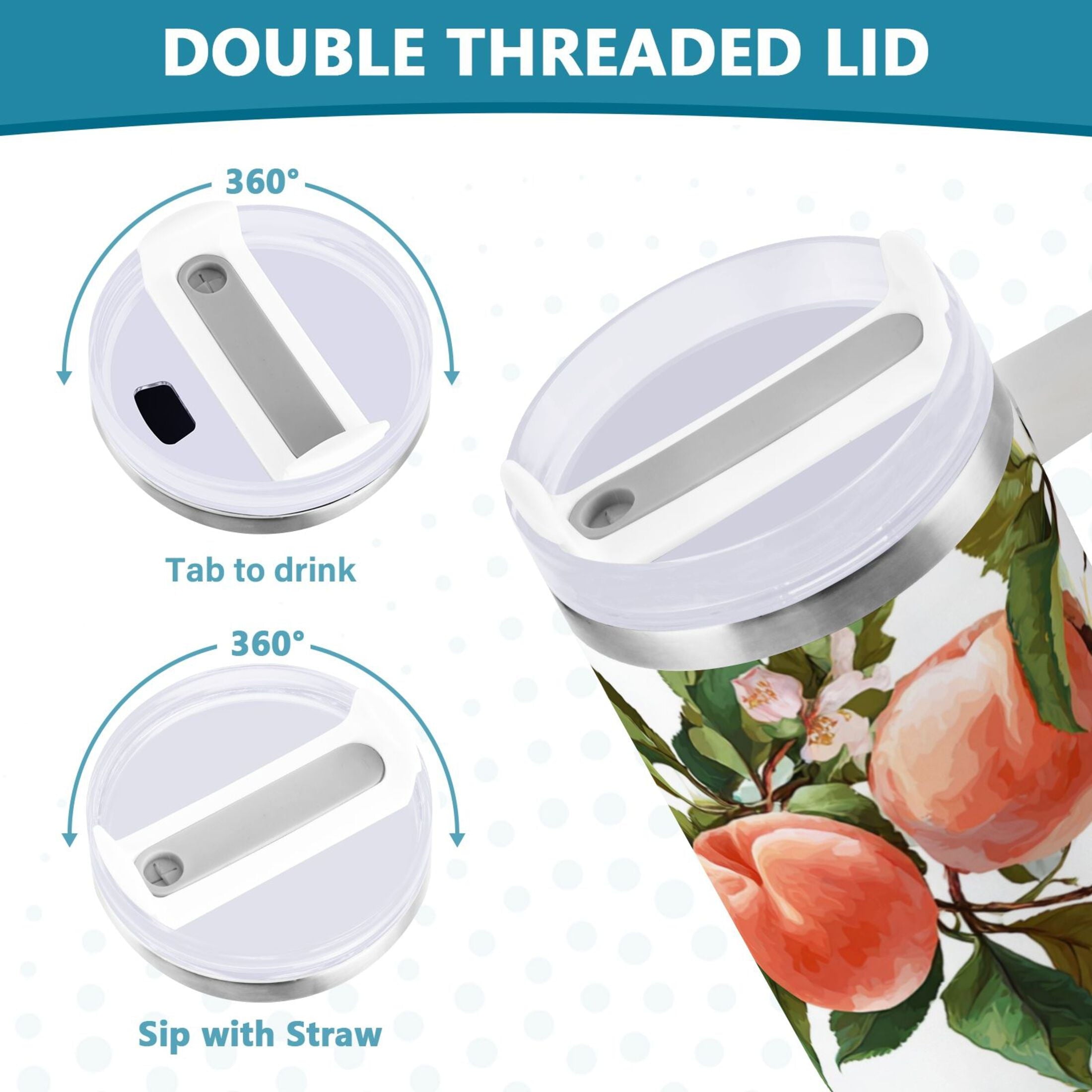 30 oz Insulated Stainless Steel Tumbler Double Wall Stainless Steel Tumbler with 2-Way Drinking Peach Fruit Pattern | 516Q