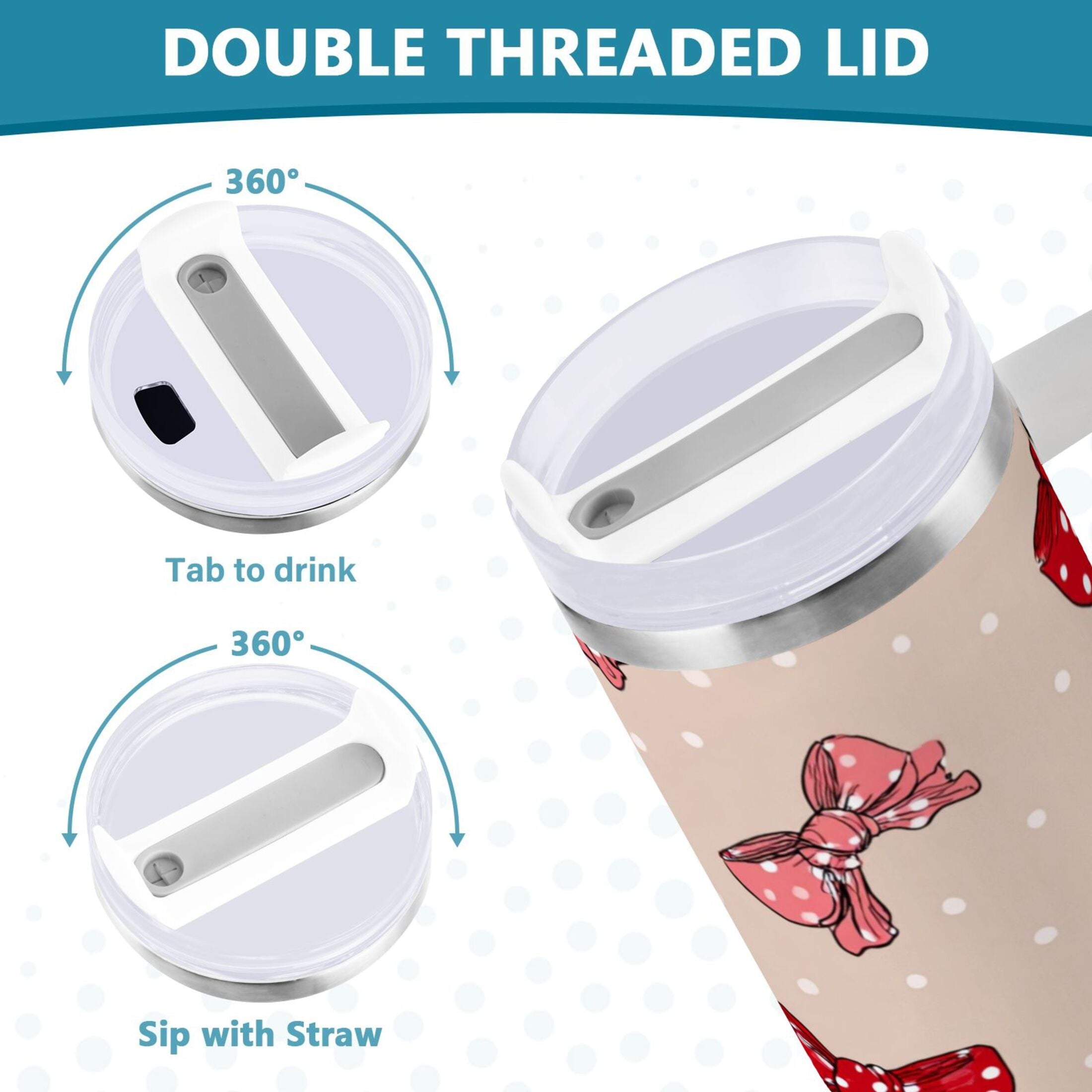 30 oz Insulated Stainless Steel Tumbler Double Wall Stainless Steel Tumbler with 2-Way Drinking Cute Red Bows Pattern | FSE2