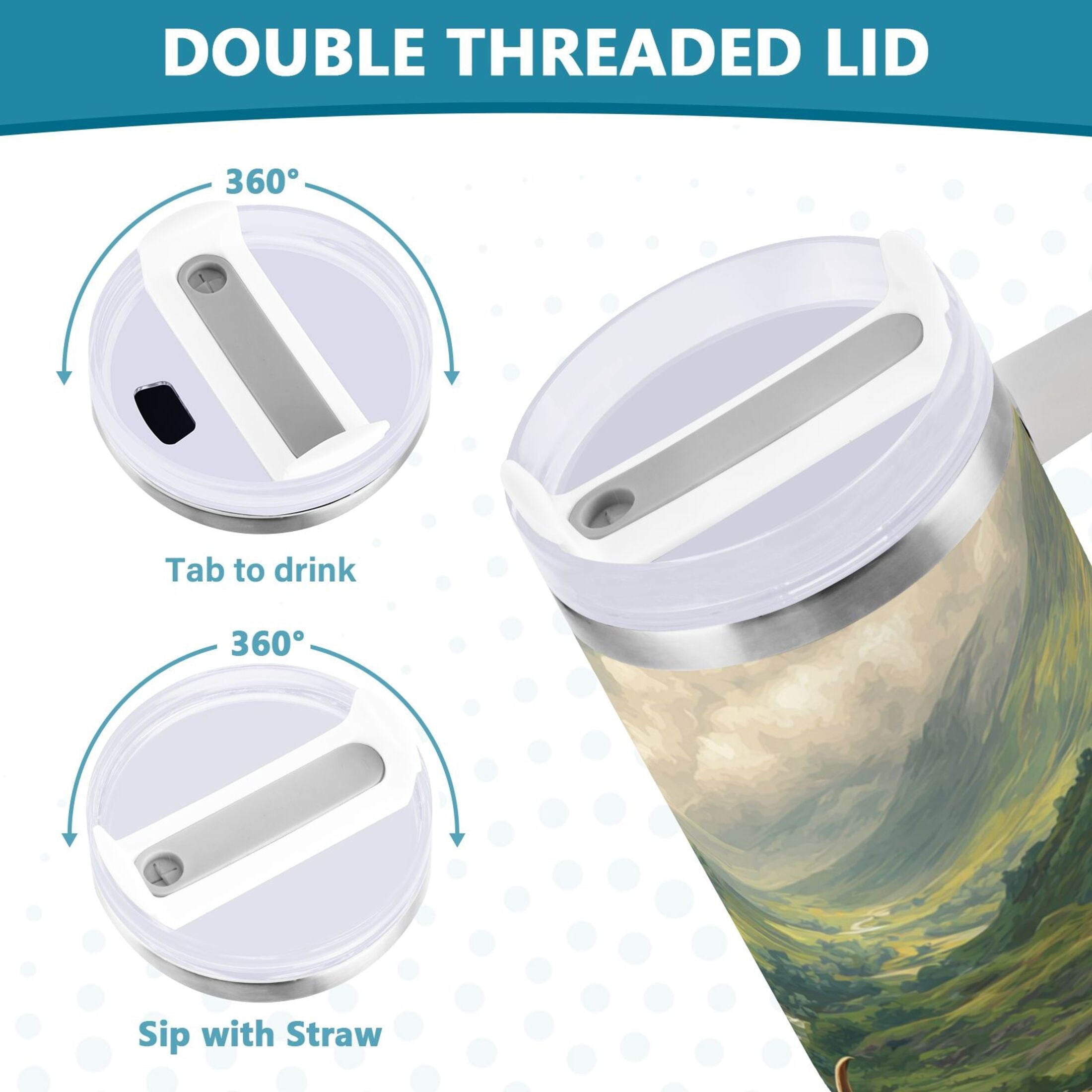 30 oz Insulated Stainless Steel Tumbler Double Wall Stainless Steel Tumbler with 2-Way Drinking Cow in Green Rolling Hills | 1E4U