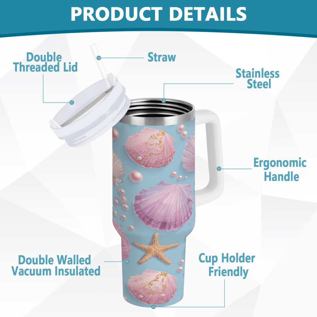40 oz Insulated Stainless Steel Tumbler Double Wall Stainless Steel Tumbler with 2-Way Drinking Seashells and Pearls Pattern | DLKW