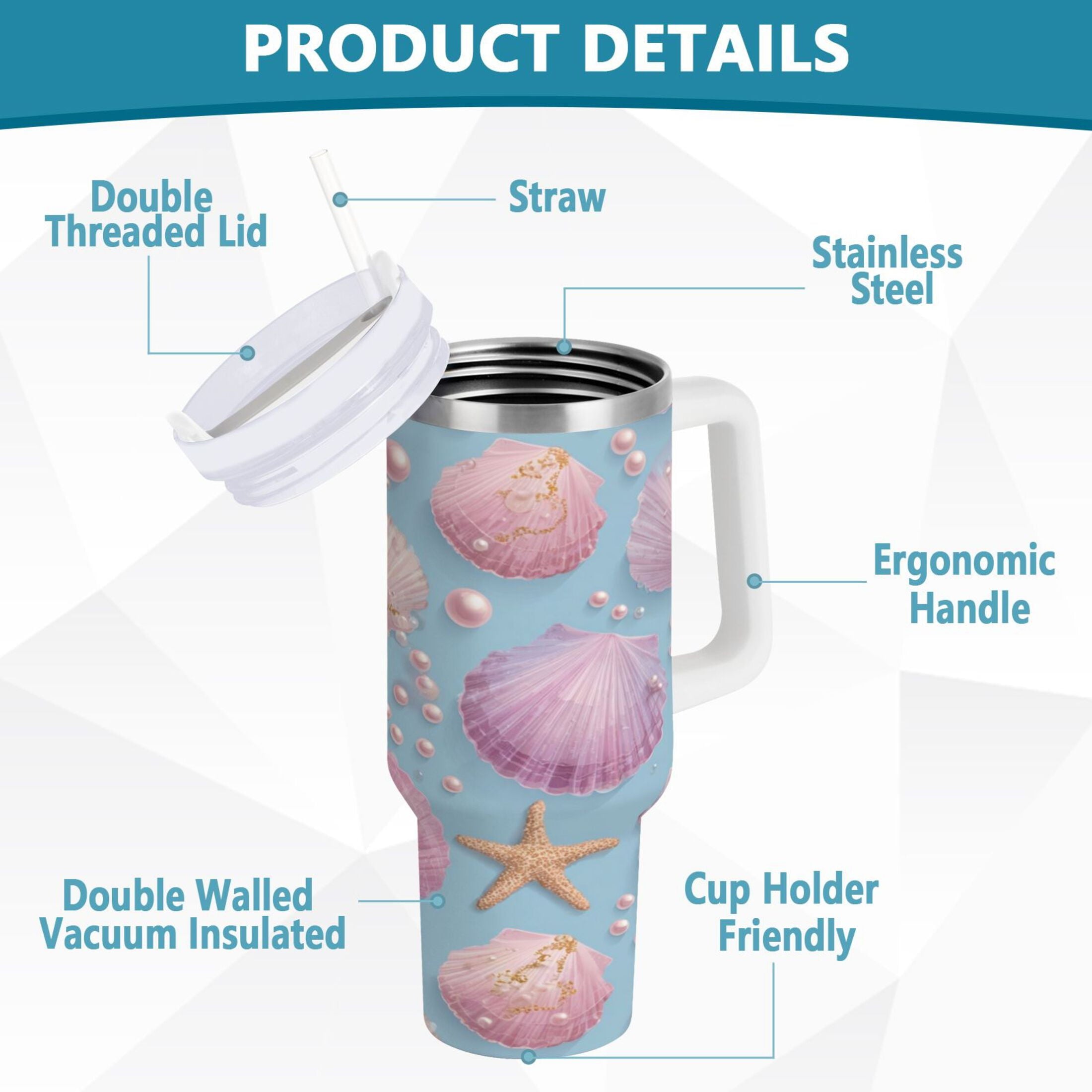 40 oz Insulated Stainless Steel Tumbler Double Wall Stainless Steel Tumbler with 2-Way Drinking Seashells and Pearls Pattern | DLKW