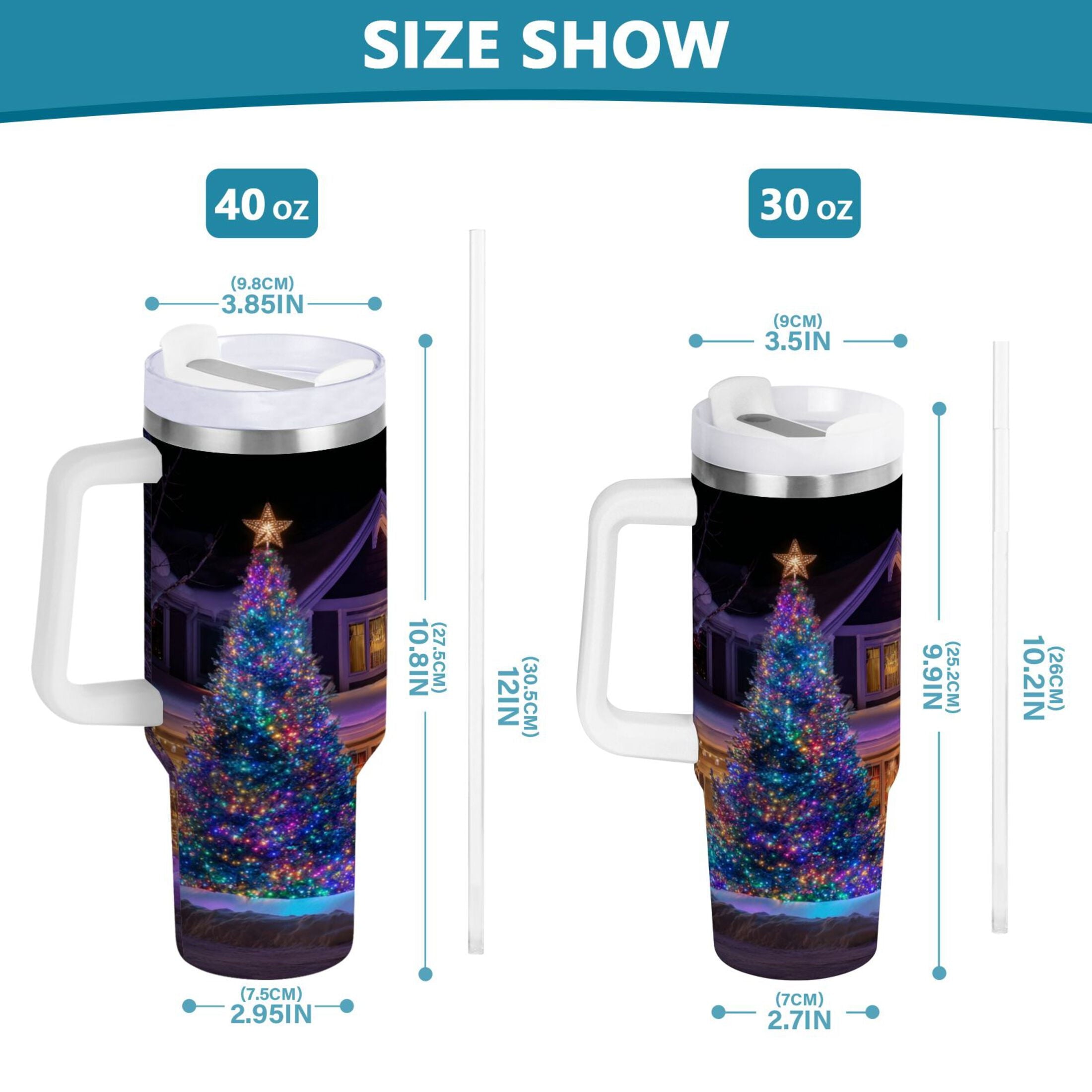 40 oz Insulated Stainless Steel Tumbler Double Wall Stainless Steel Tumbler with 2-Way Drinking Christmas Trees with Lights | A27R