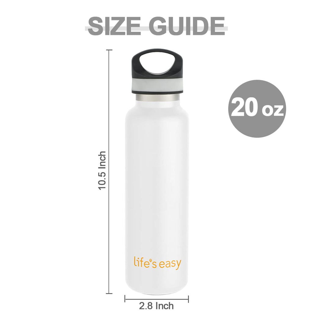 LIFE'S EASY 20 oz. Sports Insulated Water Bottle with Lid. Stainless Steel Vacuum Double Wall Thermo for Modern Hot and Cold Drinks, Simple Metal Hydro Canteen for Travel Men and Women (White) | IJQI