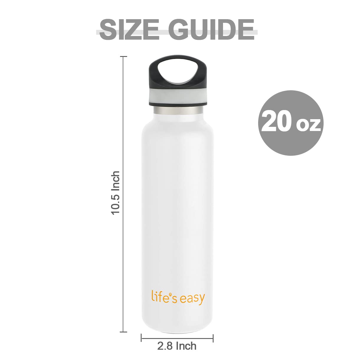 LIFE'S EASY 20 oz. Sports Insulated Water Bottle with Lid. Stainless Steel Vacuum Double Wall Thermo for Modern Hot and Cold Drinks, Simple Metal Hydro Canteen for Travel Men and Women (White) | IJQI