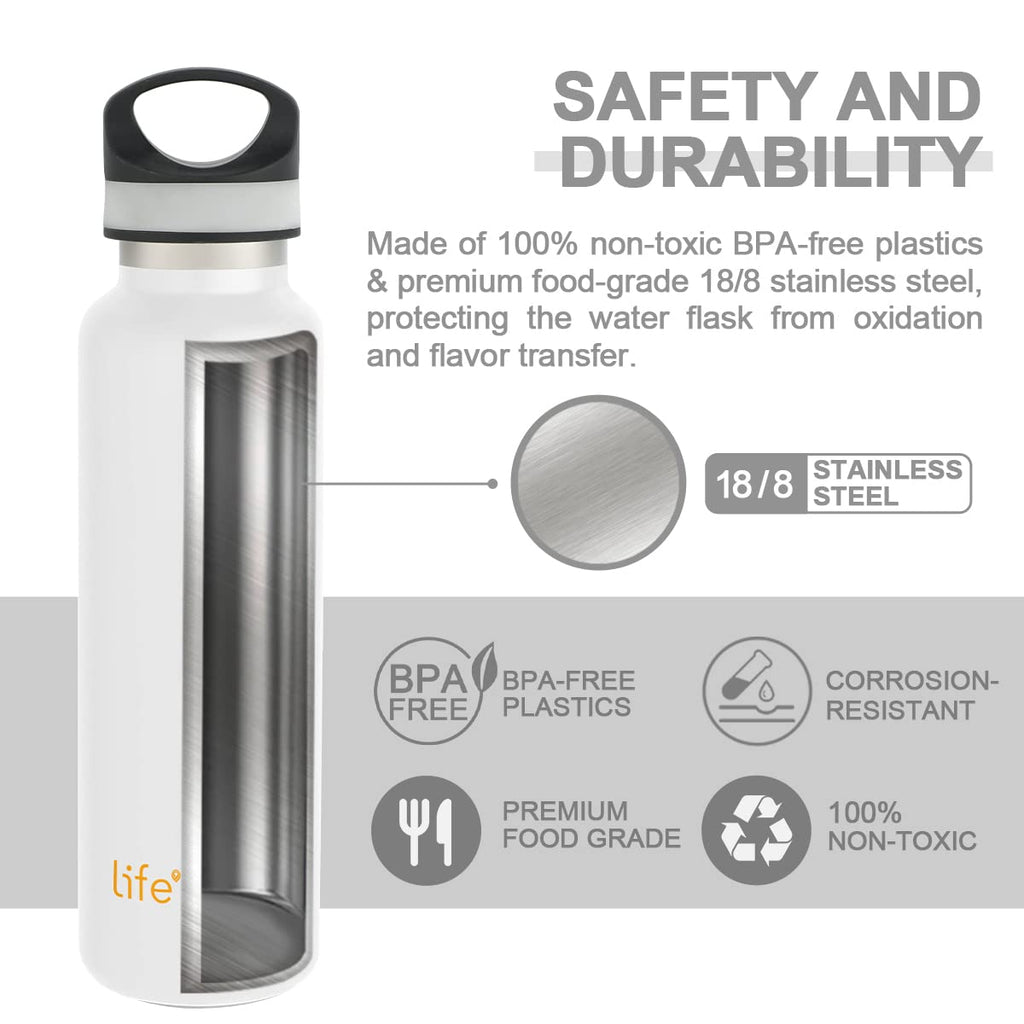 LIFE'S EASY 20 oz. Sports Insulated Water Bottle with Lid. Stainless Steel Vacuum Double Wall Thermo for Modern Hot and Cold Drinks, Simple Metal Hydro Canteen for Travel Men and Women (White) | IJQI