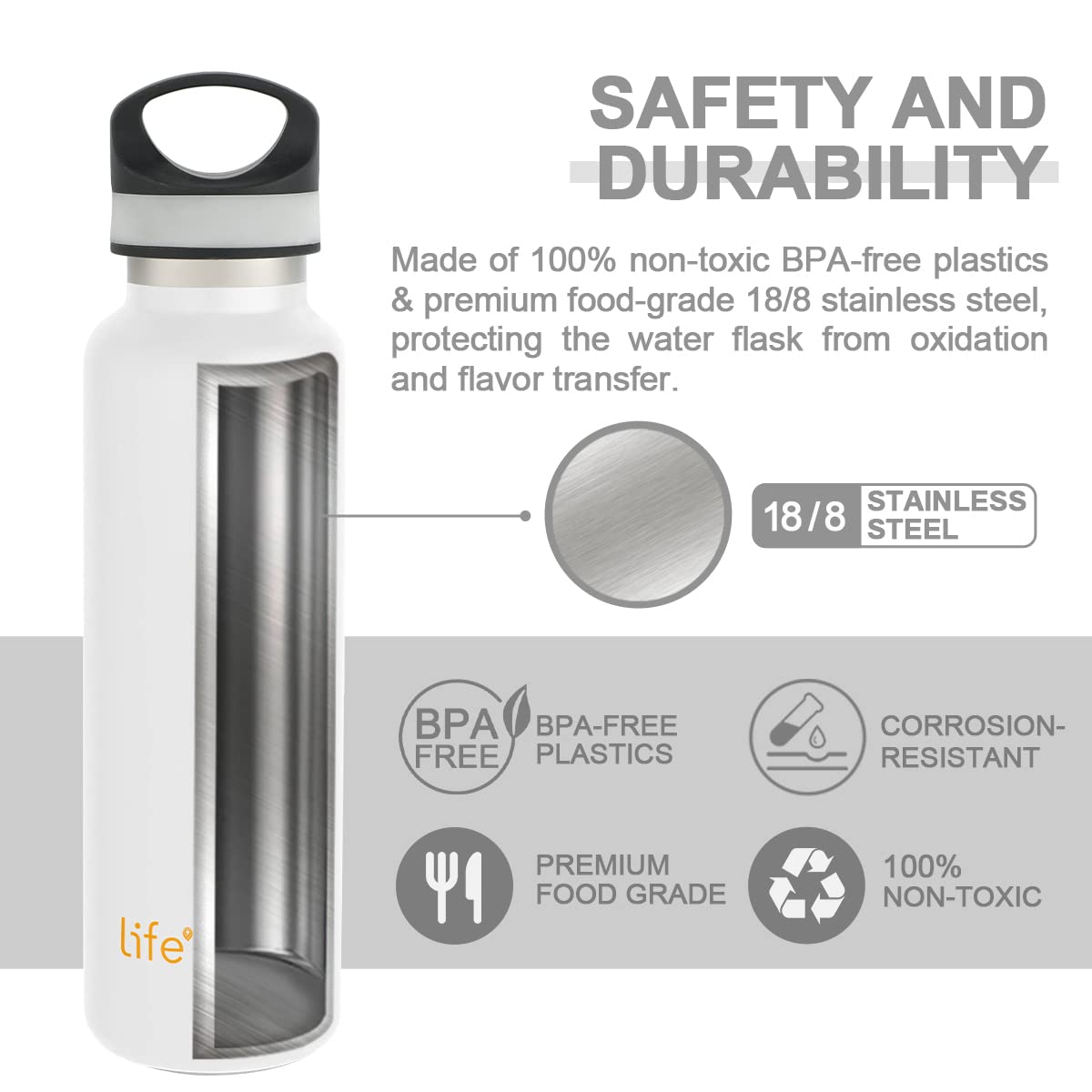 LIFE'S EASY 20 oz. Sports Insulated Water Bottle with Lid. Stainless Steel Vacuum Double Wall Thermo for Modern Hot and Cold Drinks, Simple Metal Hydro Canteen for Travel Men and Women (White) | IJQI