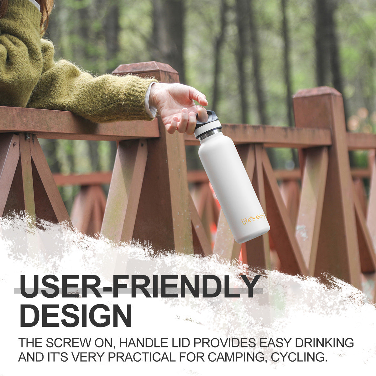 LIFE'S EASY 20 oz. Sports Insulated Water Bottle with Lid. Stainless Steel Vacuum Double Wall Thermo for Modern Hot and Cold Drinks, Simple Metal Hydro Canteen for Travel Men and Women (White) | IJQI